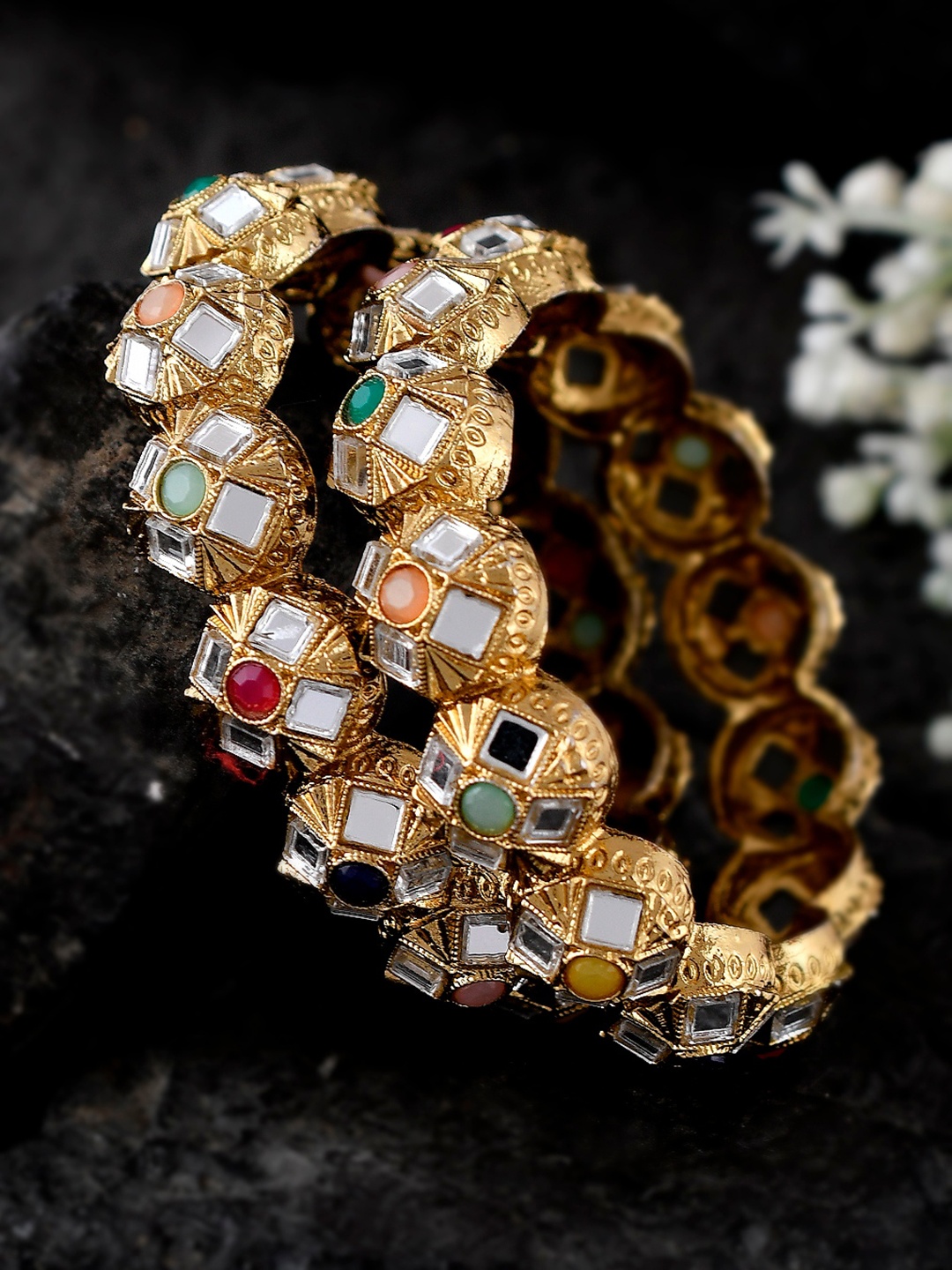 

Shoshaa Set Of 2 Gold-Plated Multi Stone-Studded Mirror work Bangles