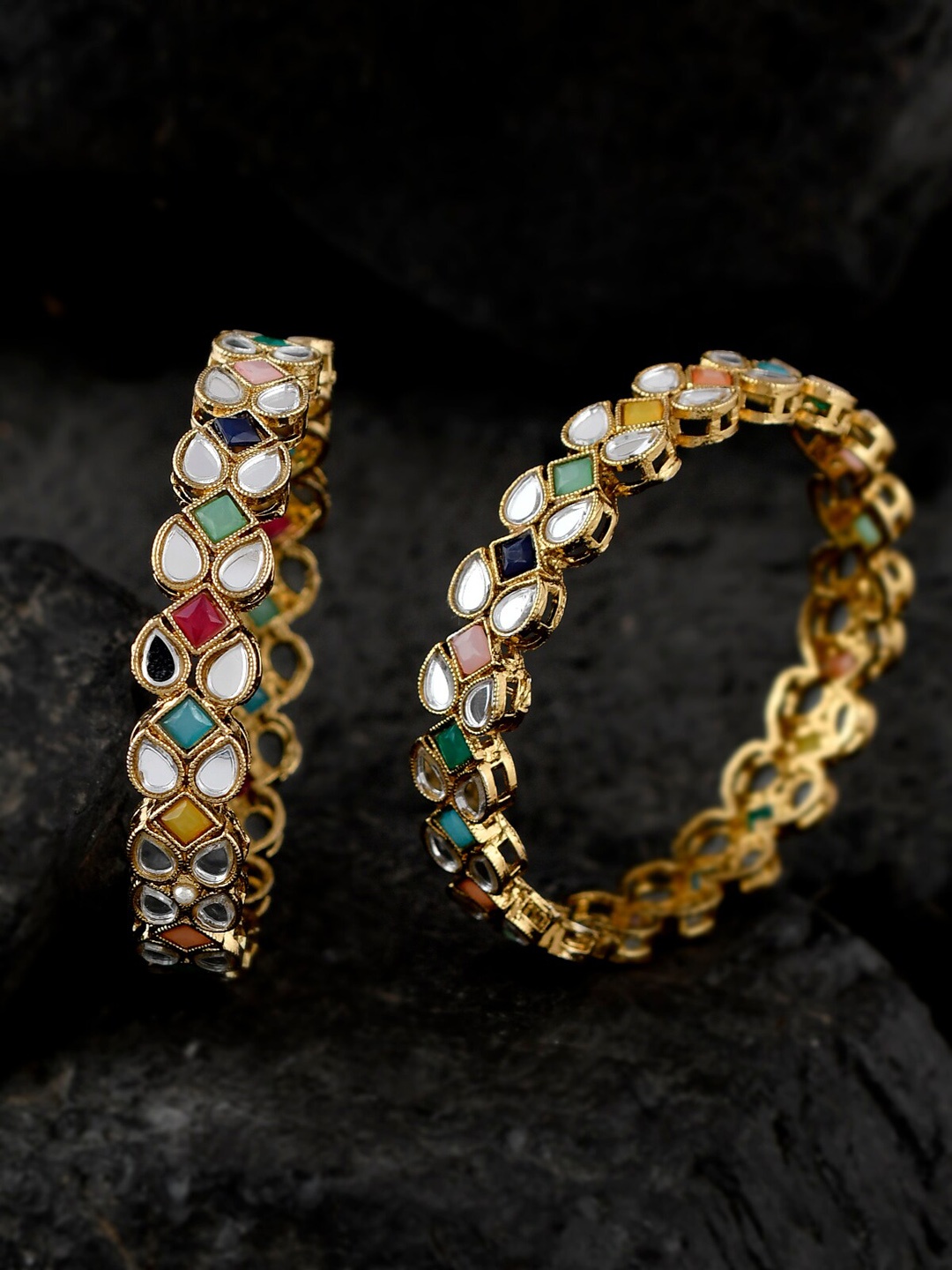 

Shoshaa Set Of 2 Gold-Plated Mirror Work Stone-Studded Bangles