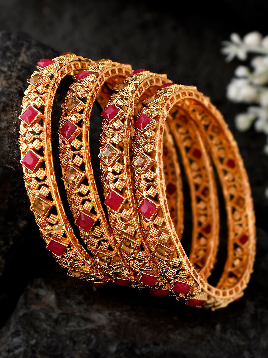 

Shoshaa Set Of 4 Gold-Plated Pink & Off-White Stone-Studded Bangles