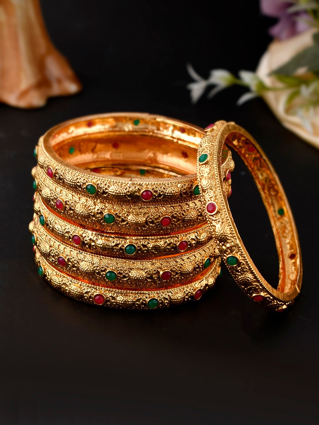 

Shoshaa Set Of 6 Gold-Plated & Red Stones-Studded Bangles