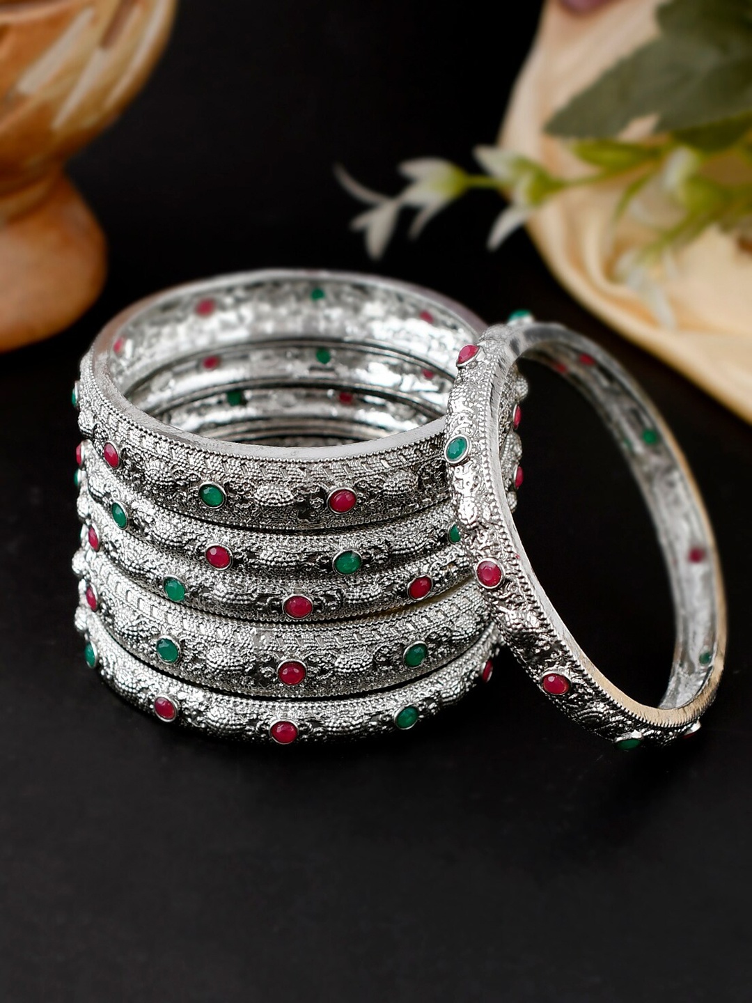 

Shoshaa Set Of 6 Silver-Plated & Red Oxidised Stone-Studded Bangles