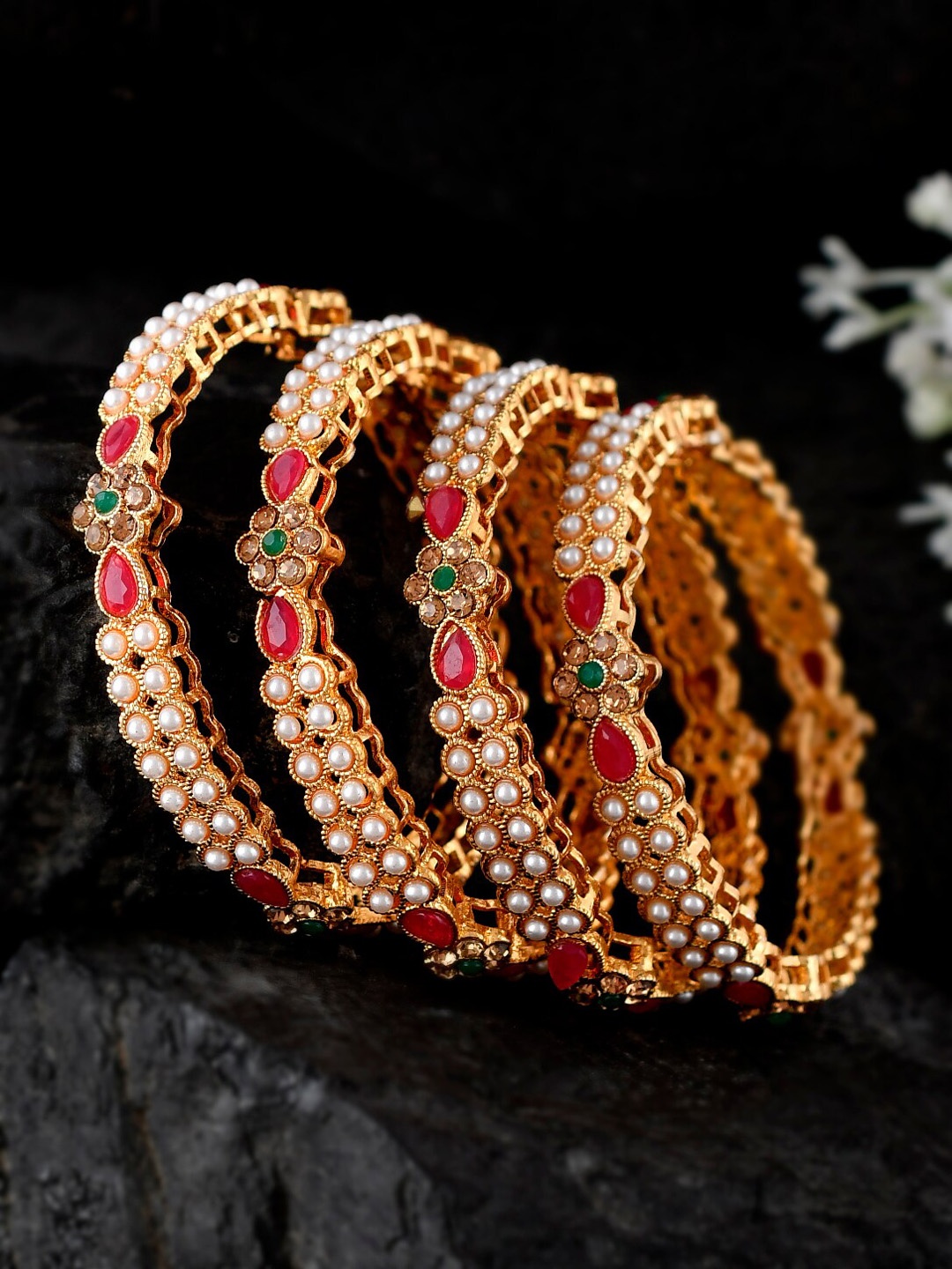 

Shoshaa Set Of 4 Gold-Plated & Green Stones-Studded & Beaded Bangles