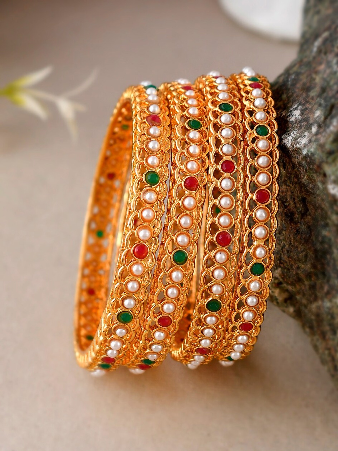 

Shoshaa Set Of 4 Gold-Plated Pink & White Stone-Studded & Beaded Bangles