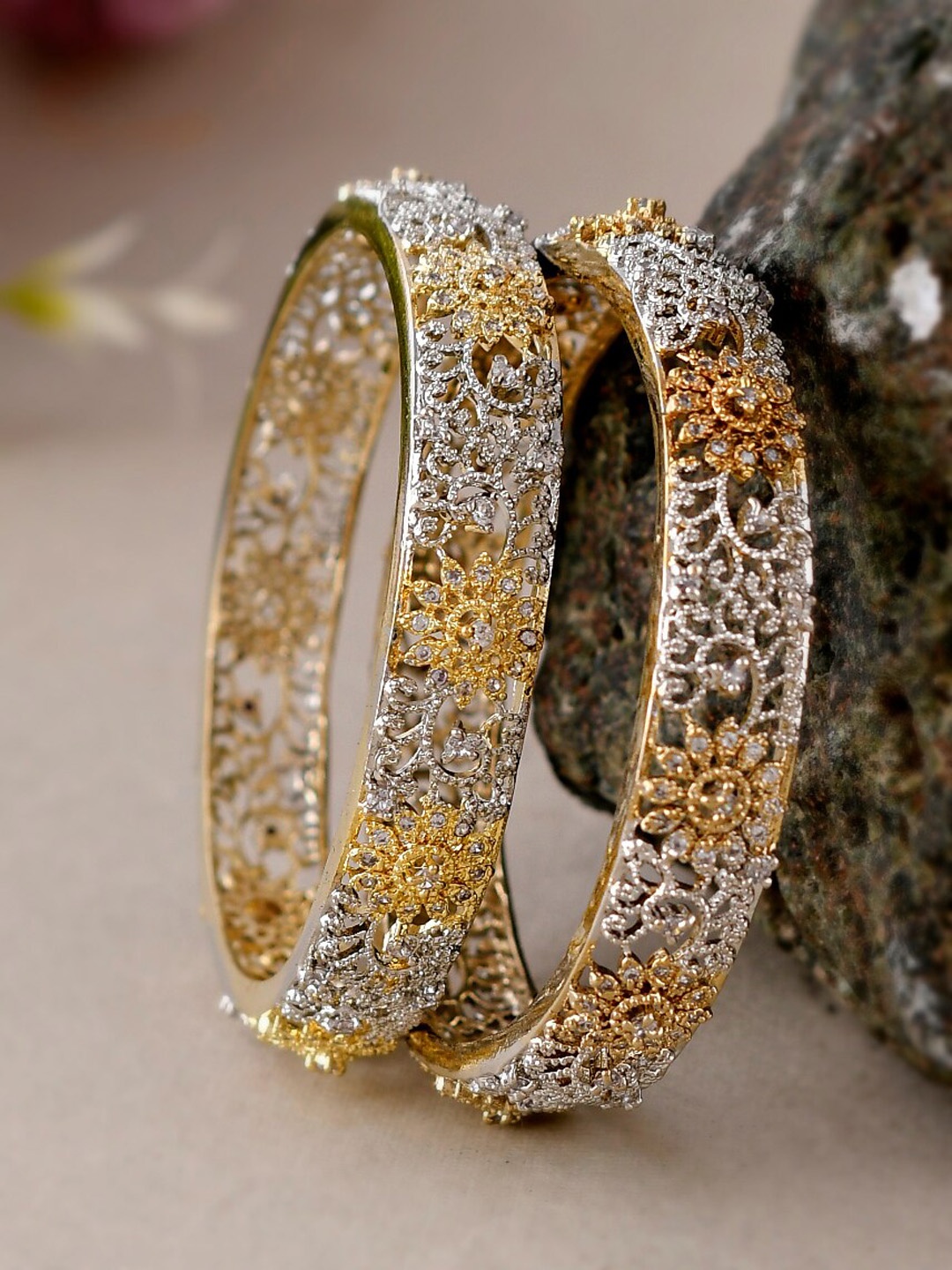 

Shoshaa Set Of 2 Gold-Plated & Silver-Toned Studded Bangles, White