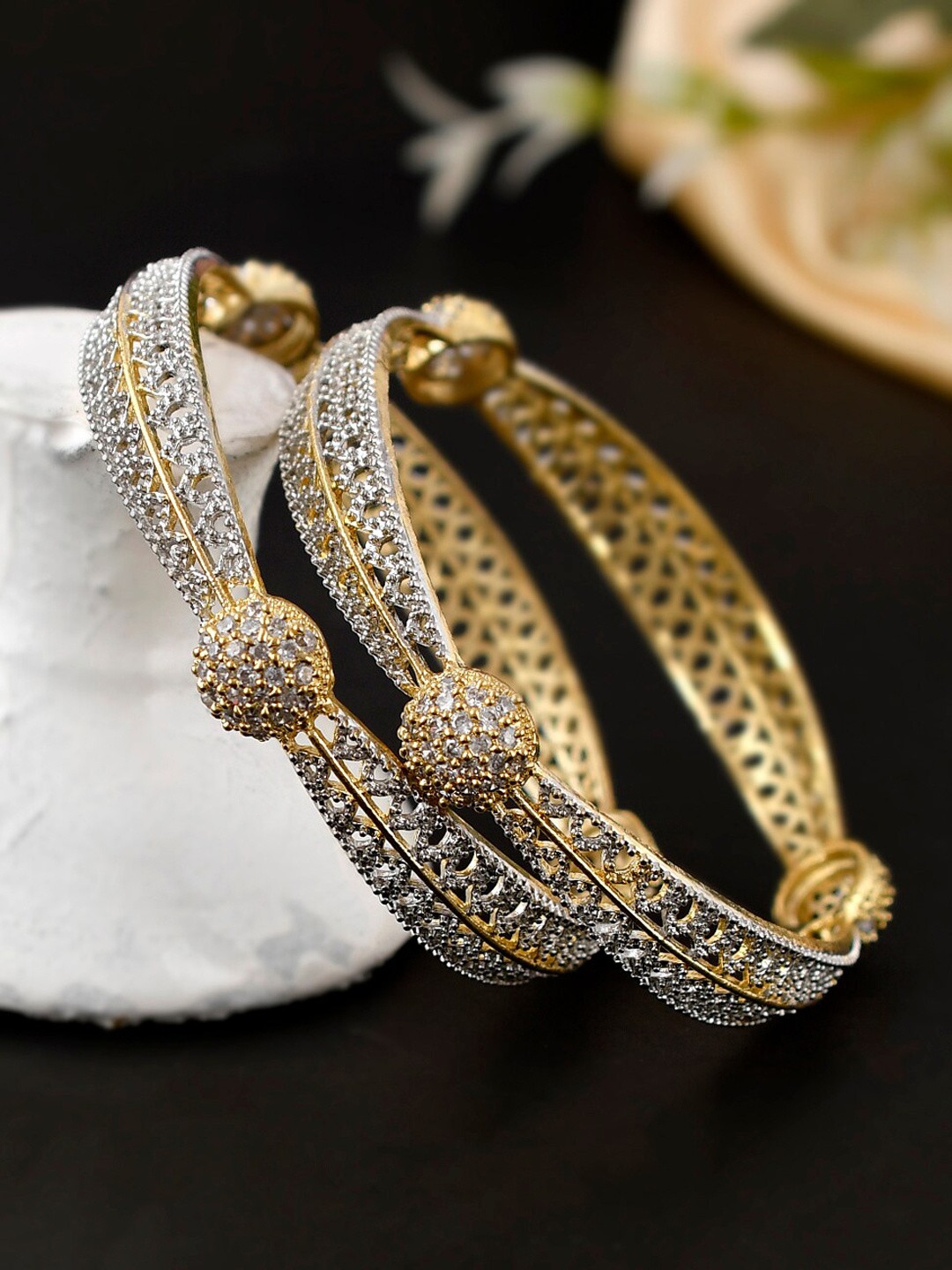 

Shoshaa Set Of 2 White Gold-Plated AD-Studded Bangles