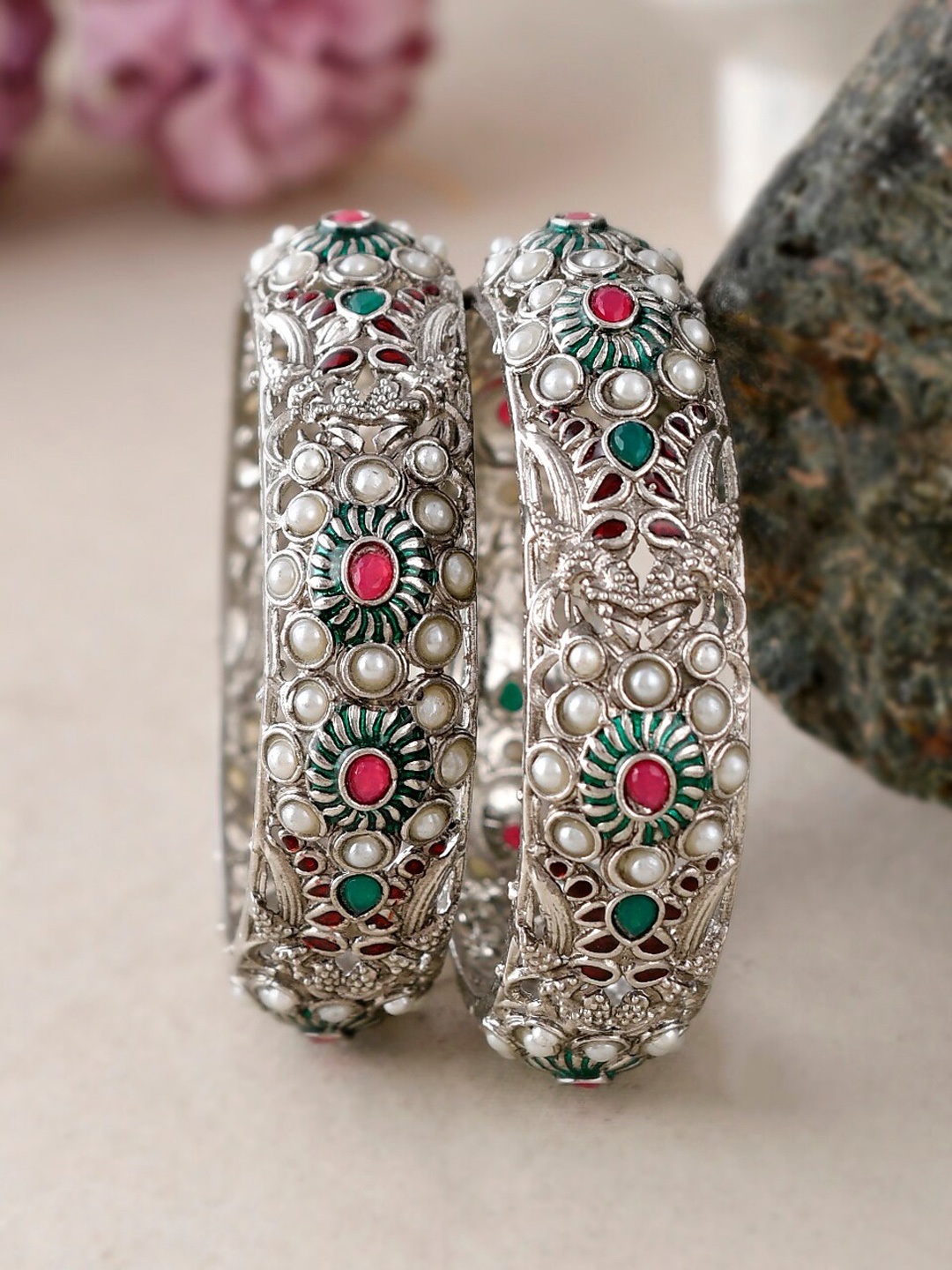 

Shoshaa Set Of 2 Silver-Plated White & Green Stone-Studded Bangles