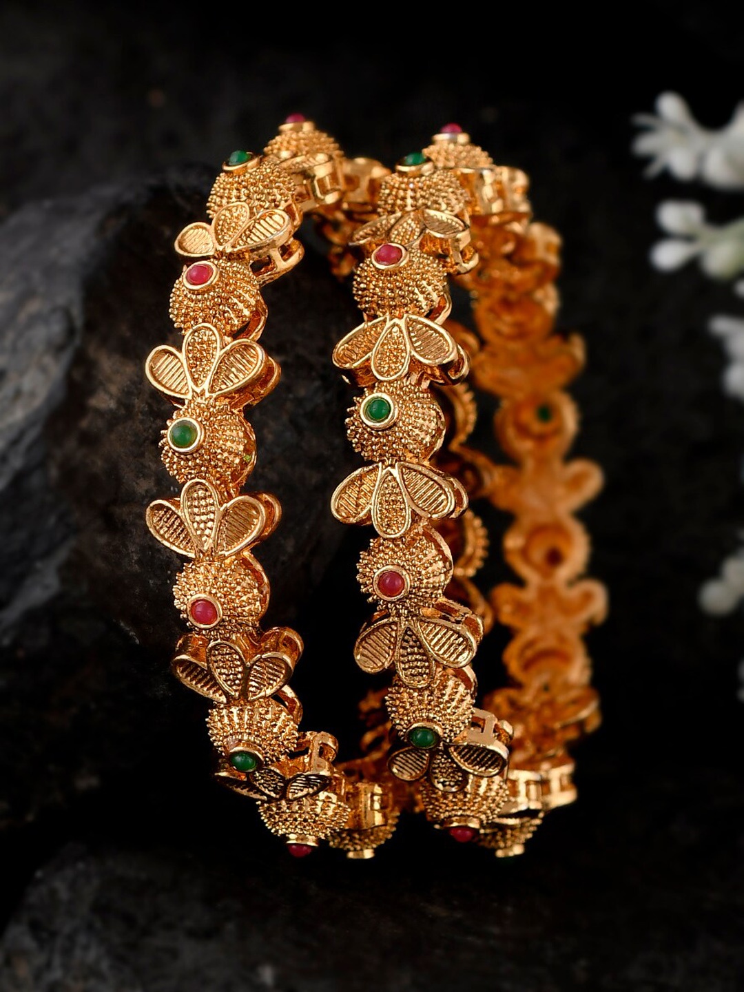 

Shoshaa Set Of 2 Gold-Plated & Green Stones-Studded Bangles