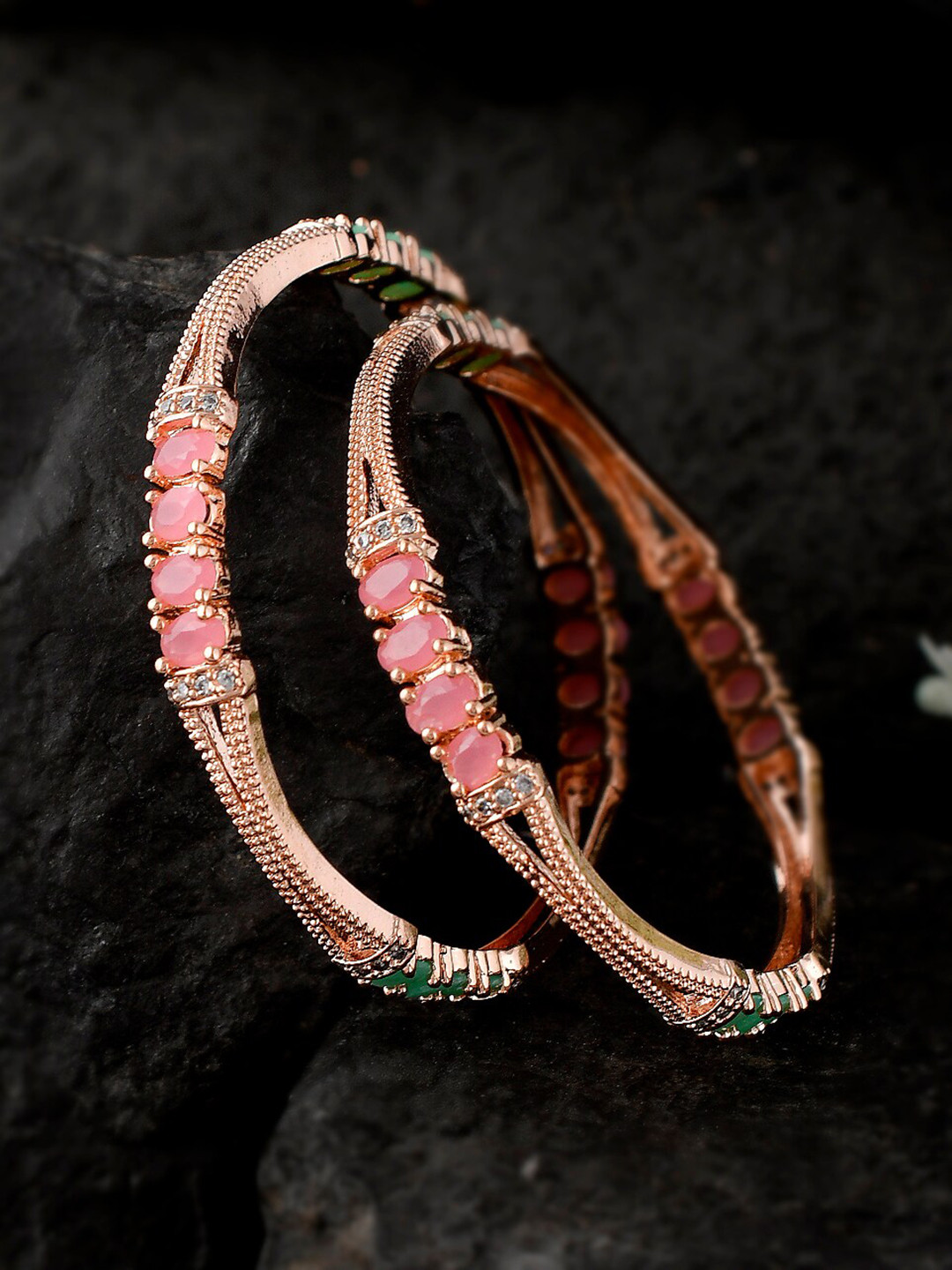 

Shoshaa Set Of 2 Rose Gold-Plated Pink & Green Stone-Studded Bangles