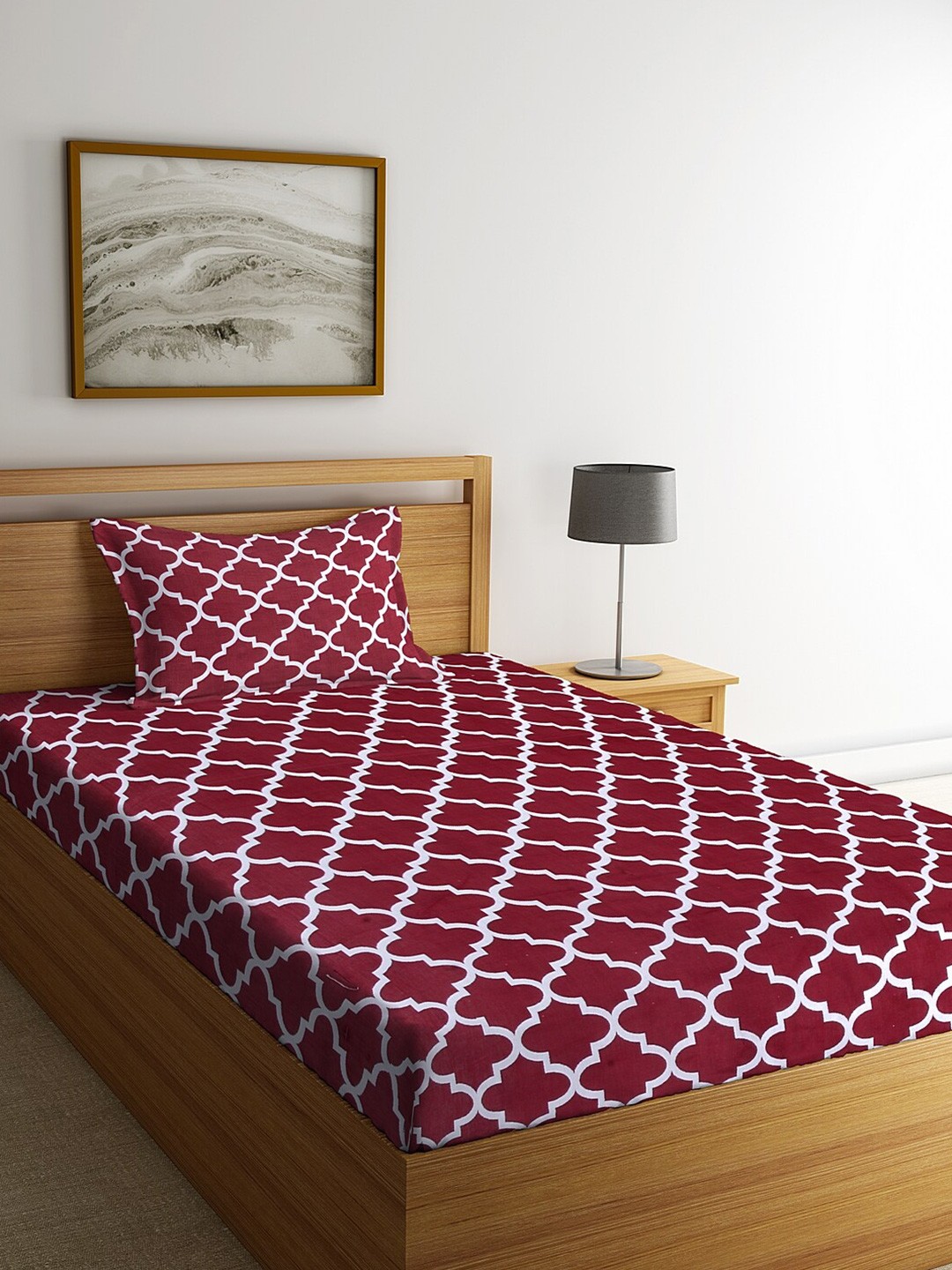 

HOSTA HOMES Maroon & White Ethnic Motifs 180 TC CottonSingle Bedsheet with 1 Pillow Covers
