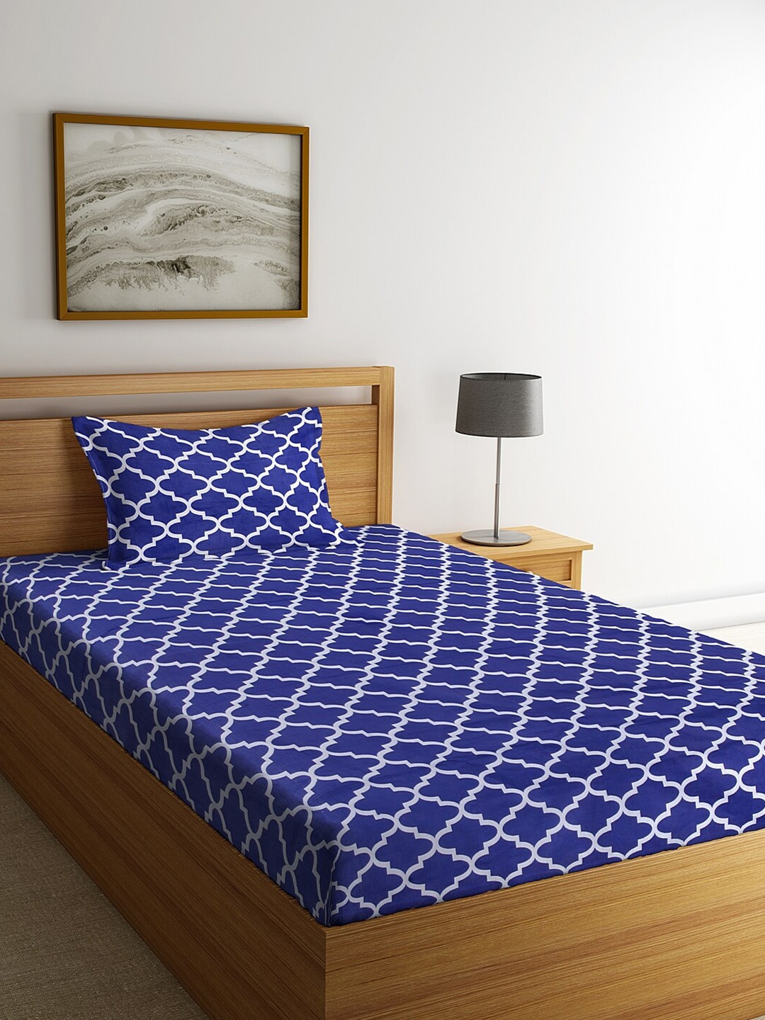 

HOSTA HOMES Navy Blue & White Printed Cotton 180 TC Single Bedsheet with 1 Pillow Covers