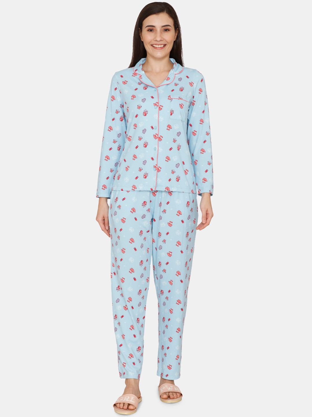 

Zivame Women Blue & Pink Printed Night suit