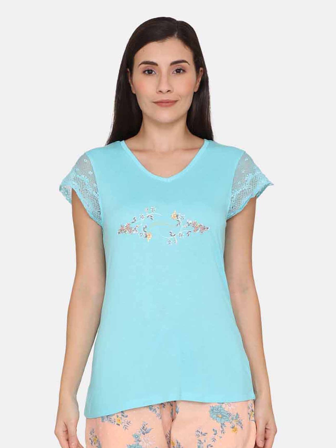 

Zivame Women Blue & Peach-Coloured Printed Night suit