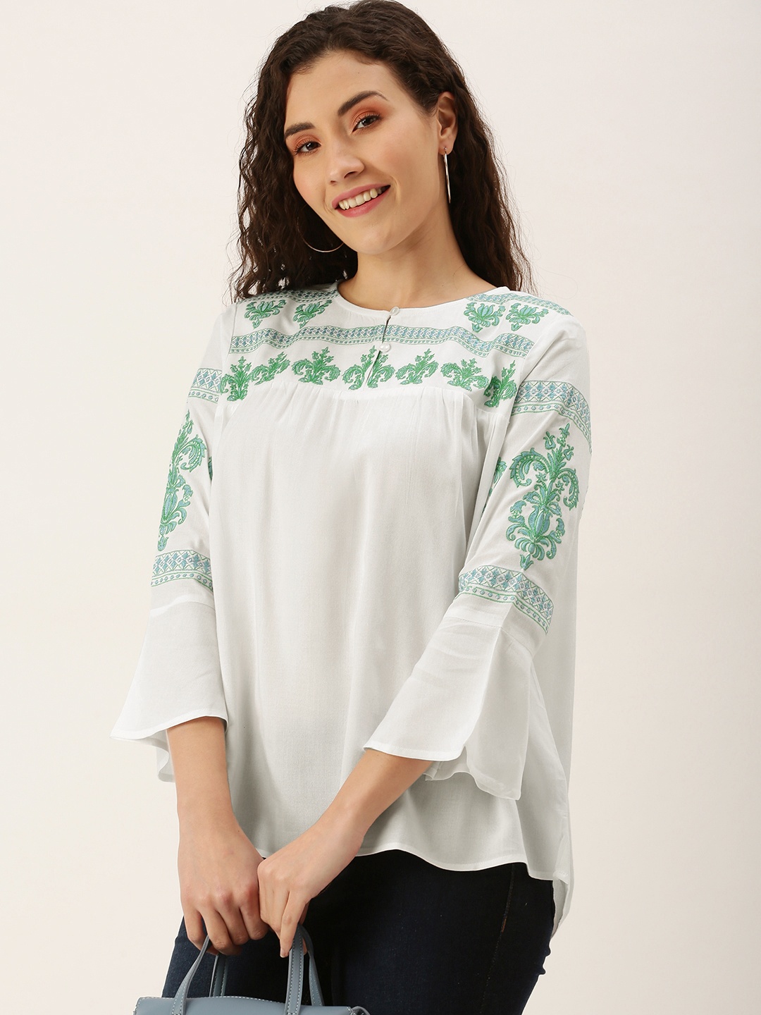 

Flying Machine Women White & Green Embroidered Top