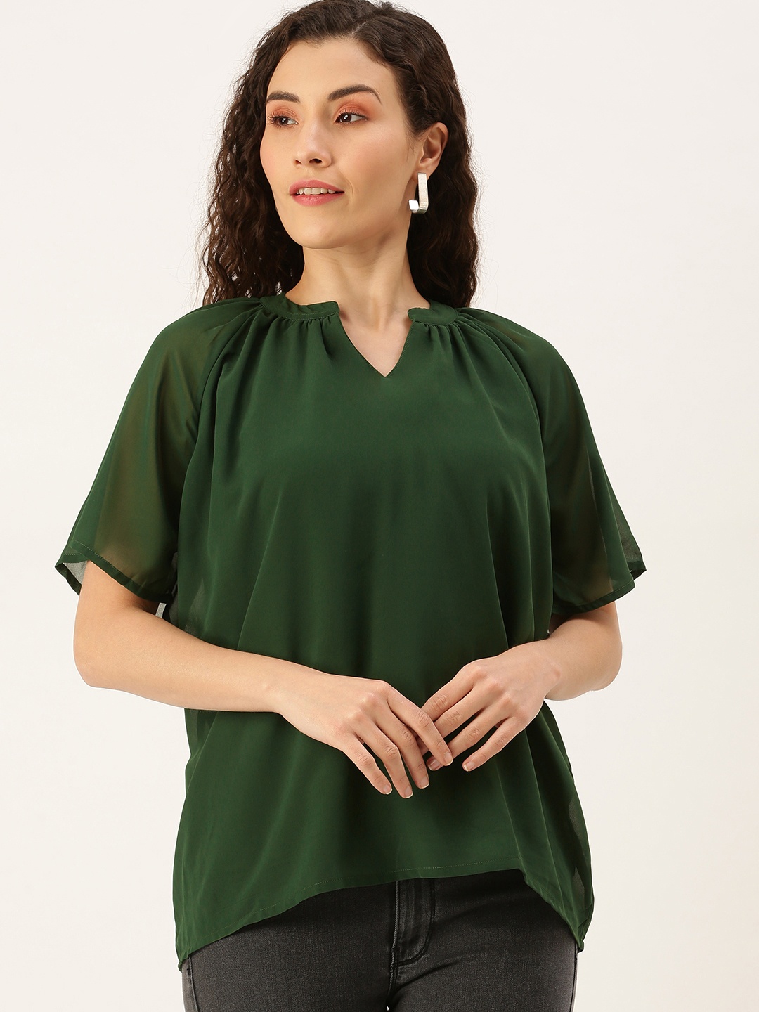 

Flying Machine Women Green Solid V-Beck Blouson Top