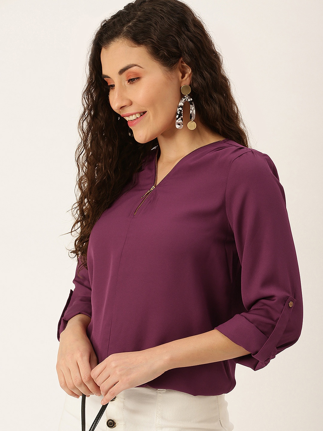 

Flying Machine Women Purple Roll-Up Sleeves Top