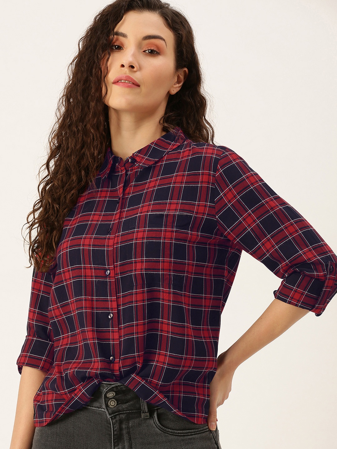 

Flying Machine Maroon & Black Checked Shirt Style Casual Top