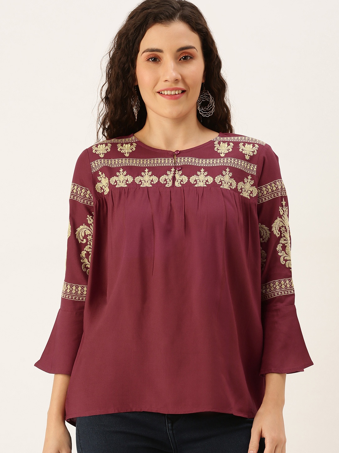 

Flying Machine Women Maroon Embroidered Blouson Top