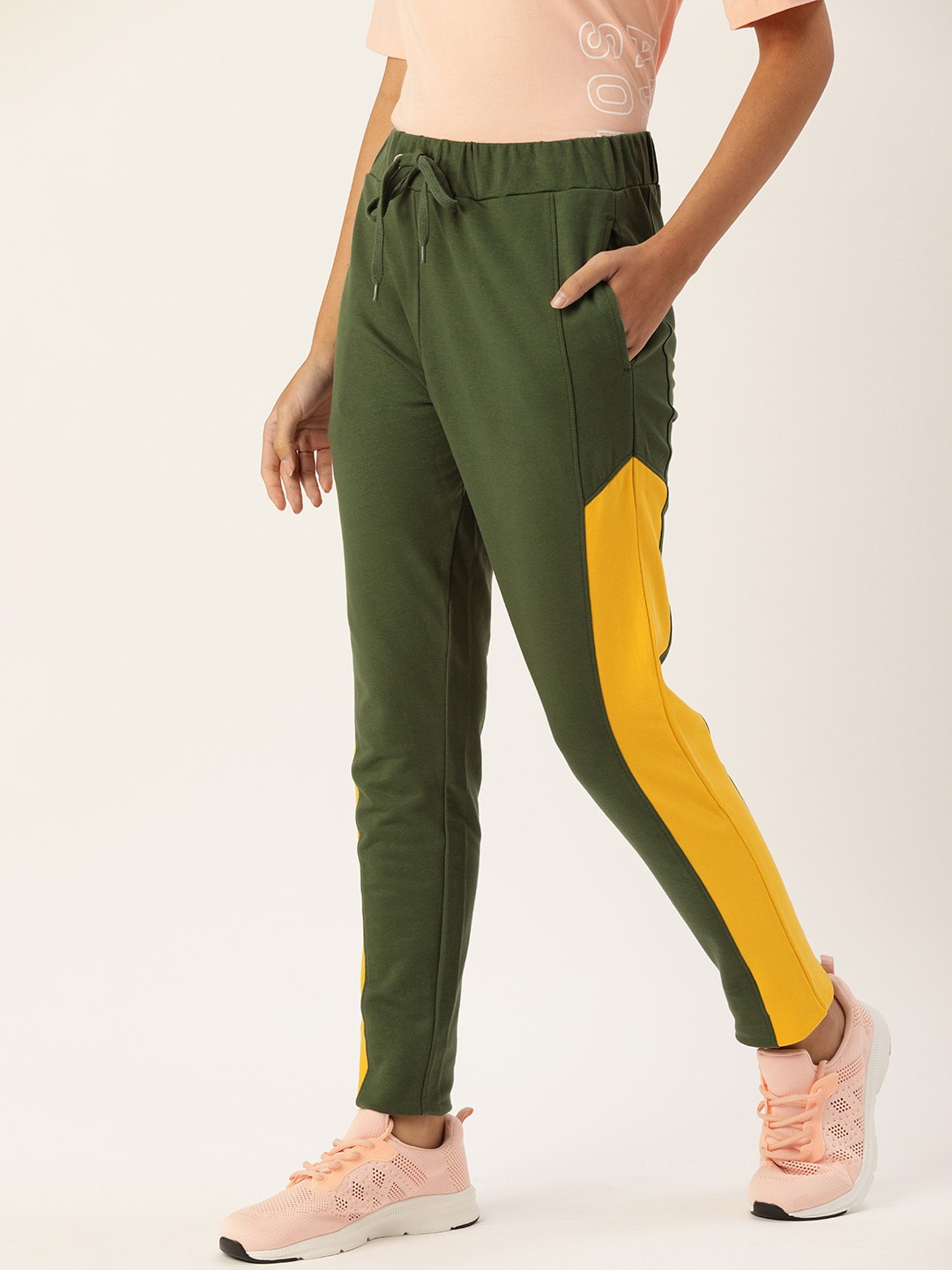 

Flying Machine Women Olive & Mustard Colourblocked Mid Rise Elasticated Track Pants
