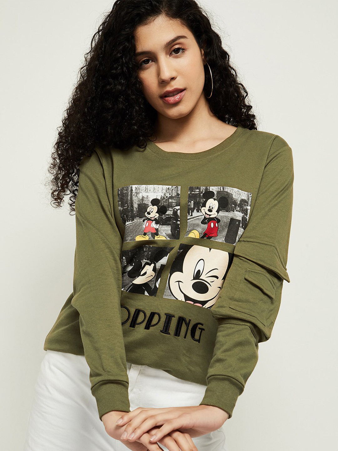 

max Women Olive Green Mickey Mouse Printed Sweatshirt