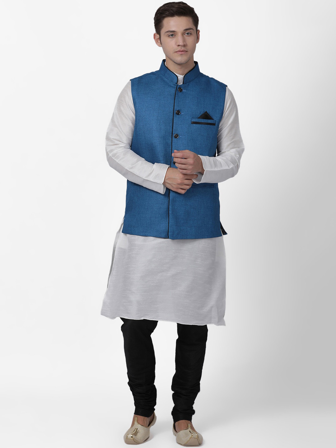 

TABARD Men Grey Dupion Silk Kurta with Churidar & Nehru Jacket