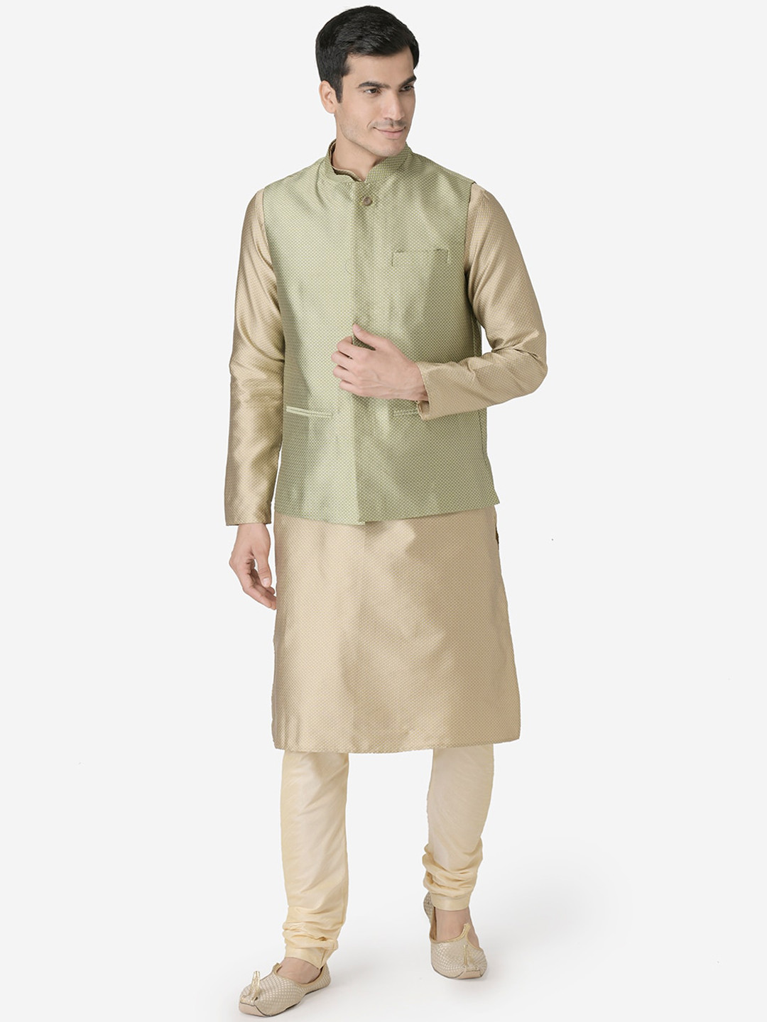 

TABARD Men Yellow Dupion Silk Kurta & Churidar With Nehru Jacket