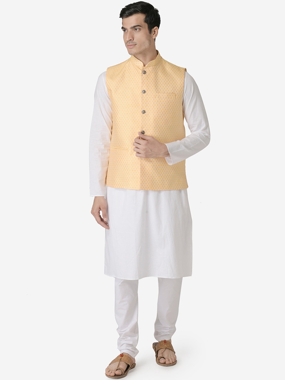 

TABARD Men White & Yellow Pure Cotton Kurta with Churidar & Nehru Jacket