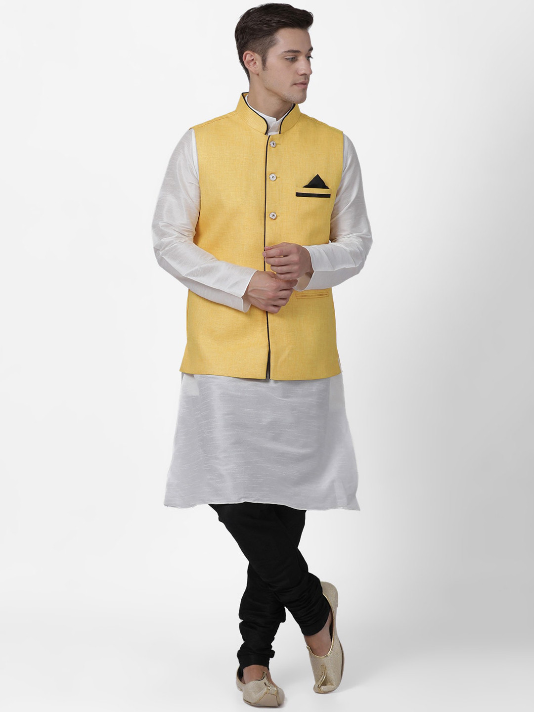 

TABARD Men White Dupion Silk Kurta with Churidar & Nehru Jacket