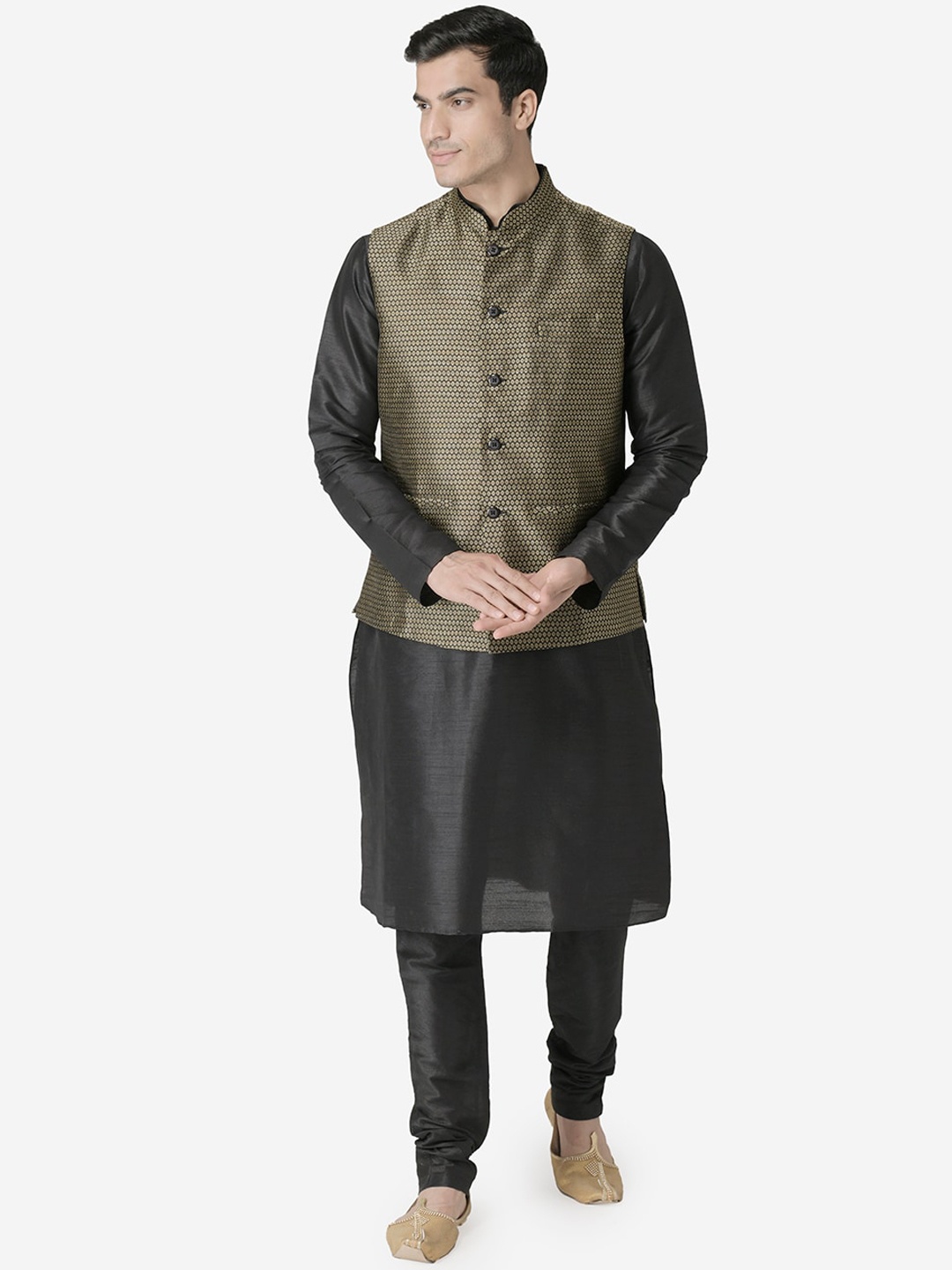 

TABARD Men Black Tiered Dupion Silk Kurta with Churidar With Nehru Jacket
