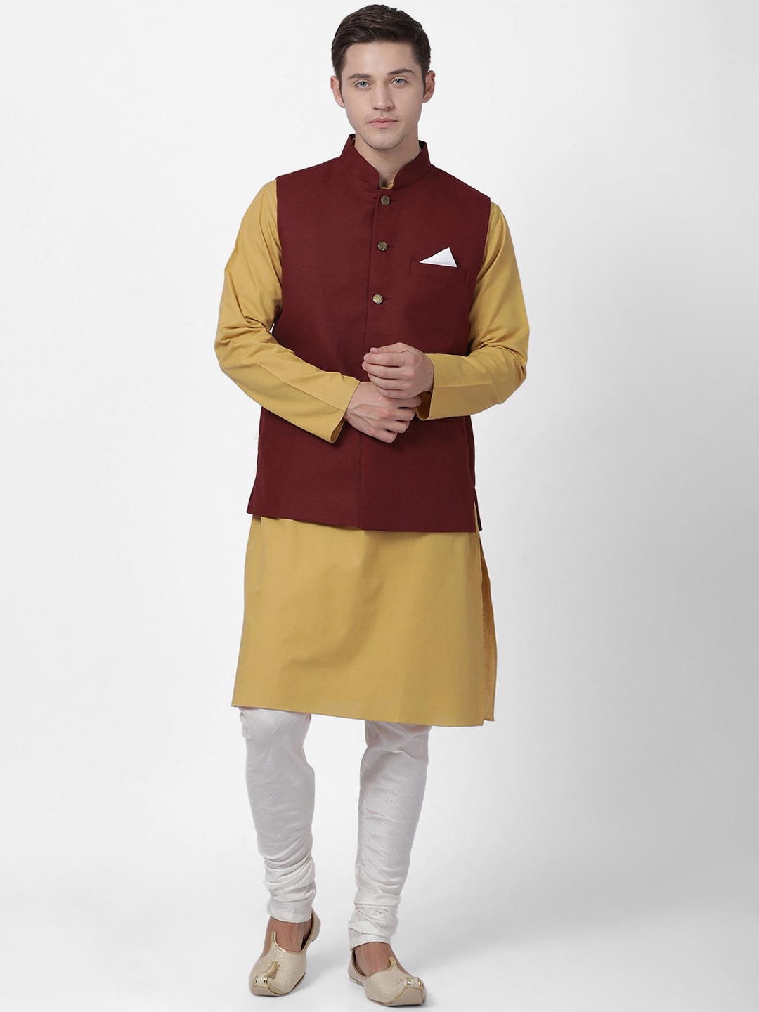 

TABARD Men Beige Pure Cotton Kurta with Churidar & Nehru Jacket
