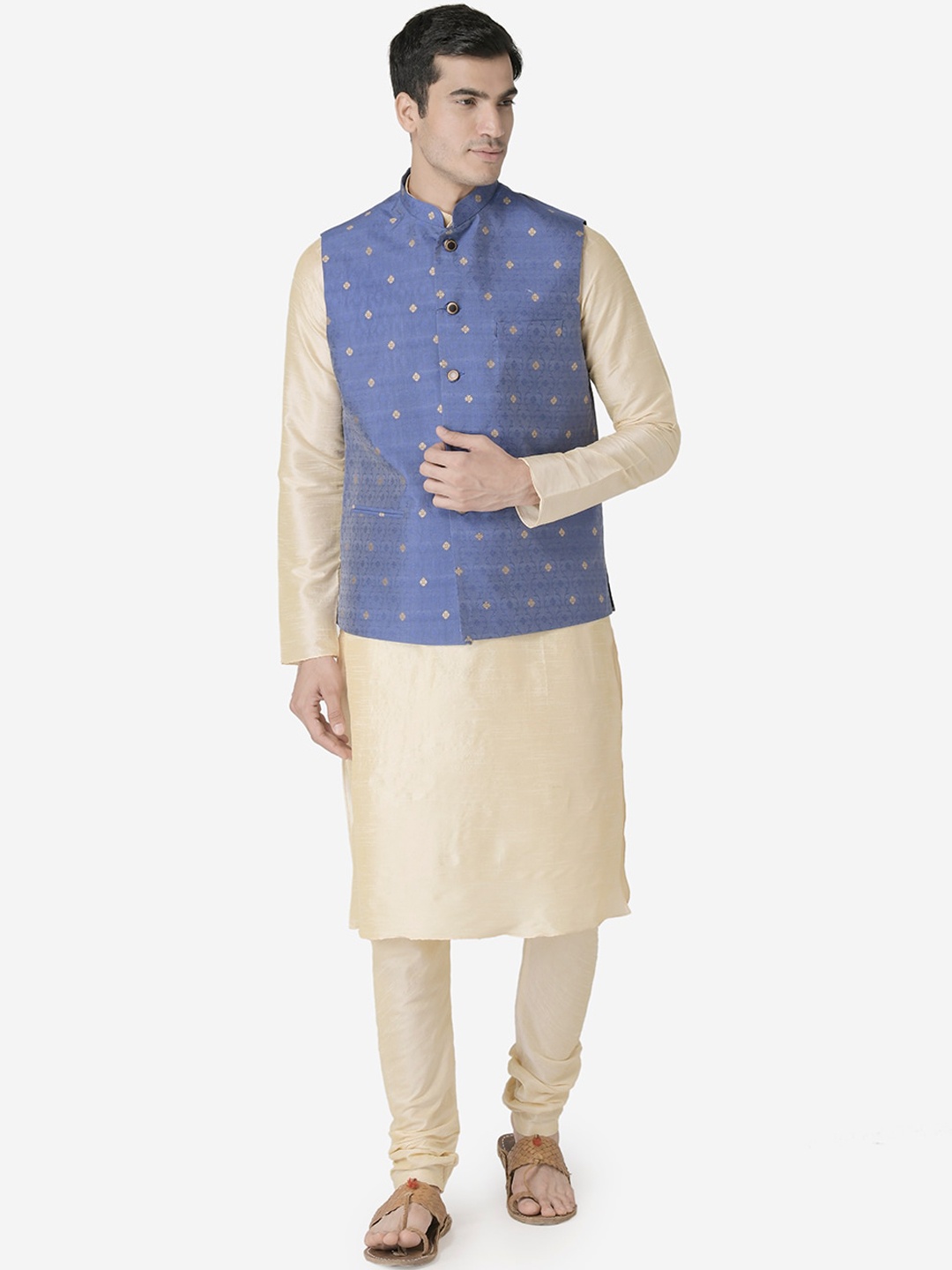 

TABARD Men Beige Floral Dupion Silk Kurta with Churidar & with Nehru Jacket
