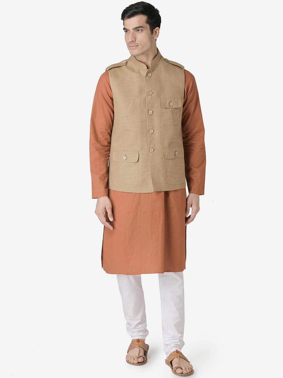 

TABARD Men Rust Pure Cotton Kurta with Churidar & Nehru Jacket