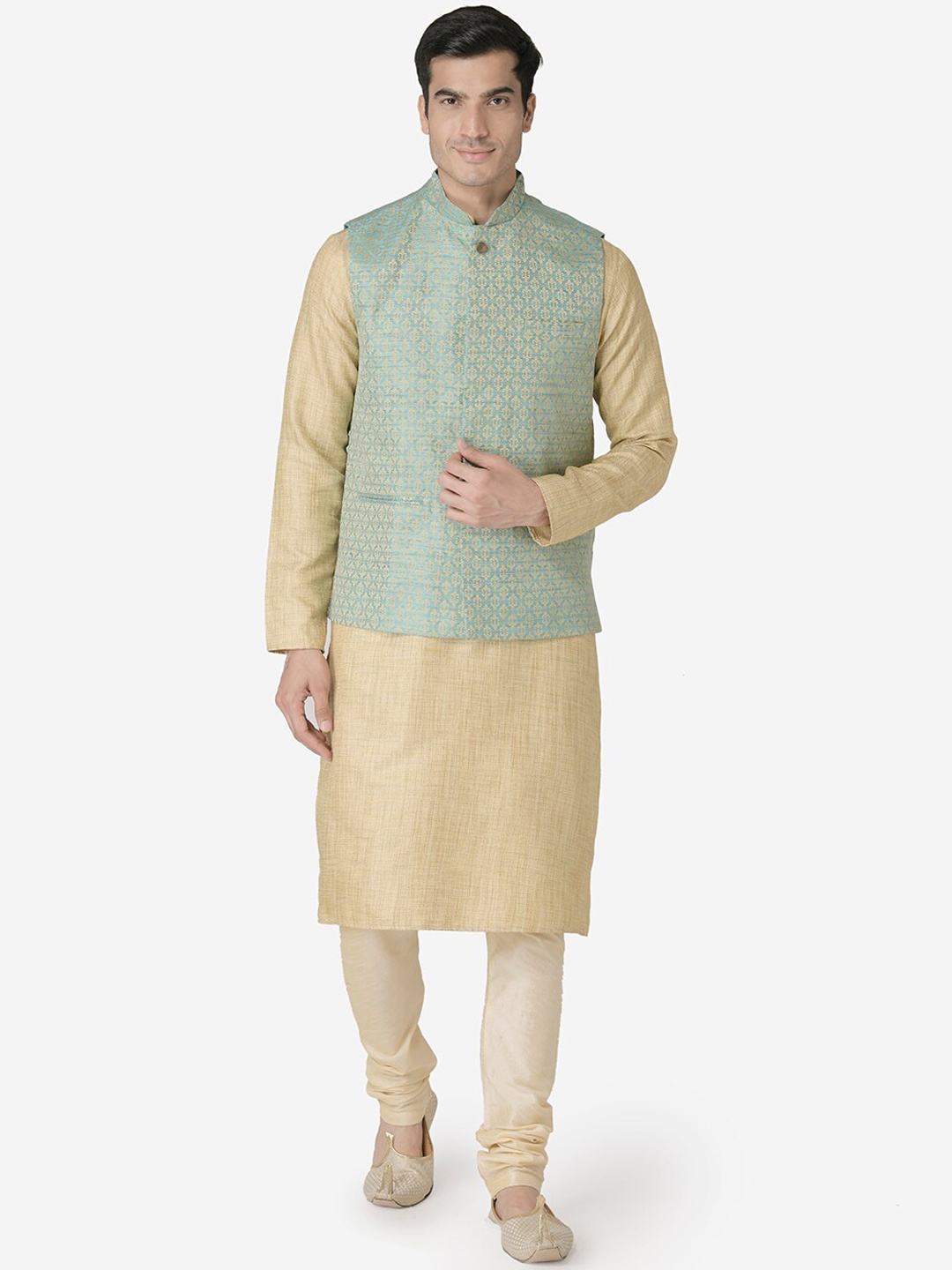 

TABARD Men Beige & Green Dupion Silk Kurta with Churidar & Nehru Jacket