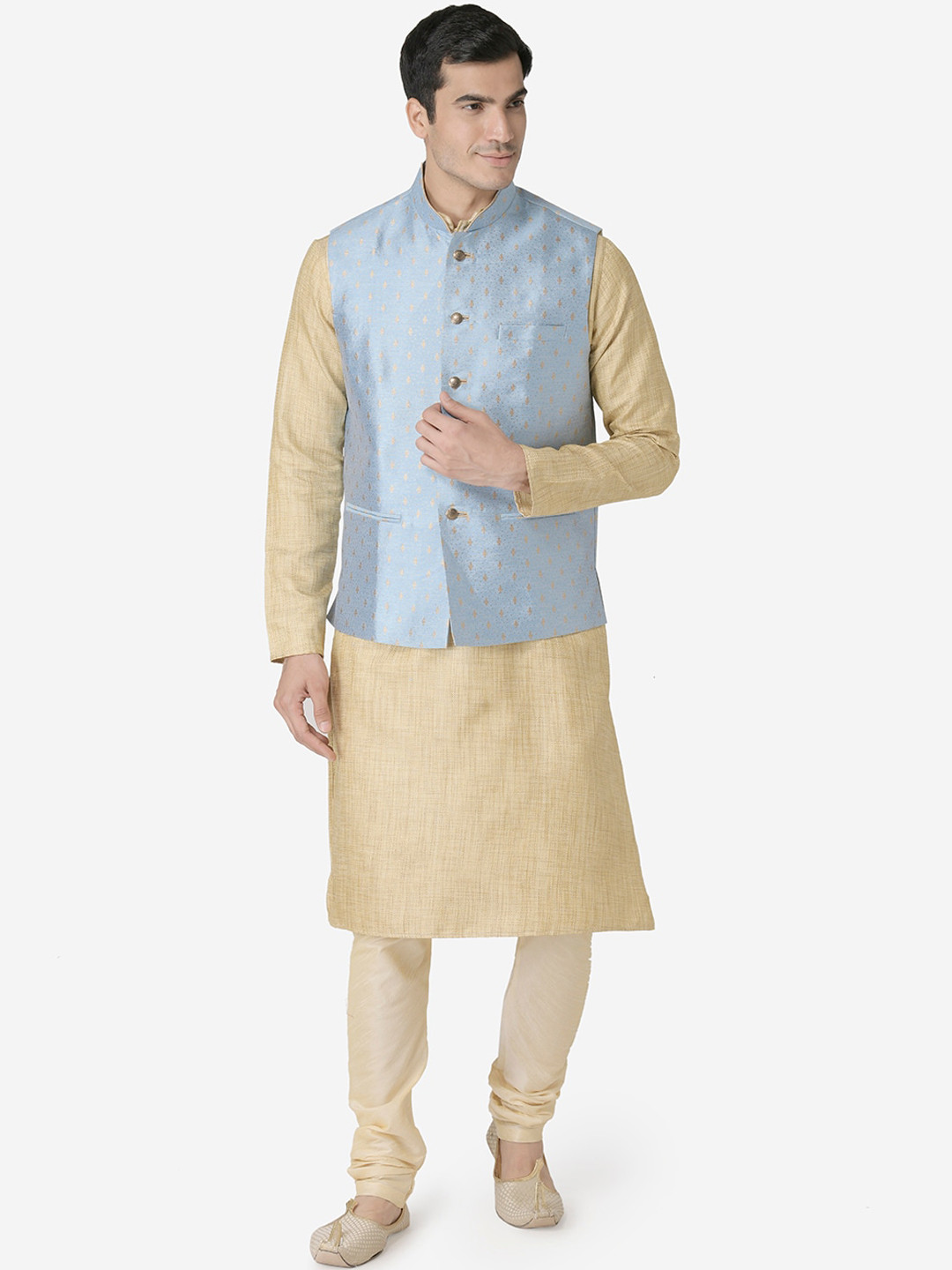 

TABARD Men Beige Dupion Silk Kurta with Churidar & Nehru Jacket
