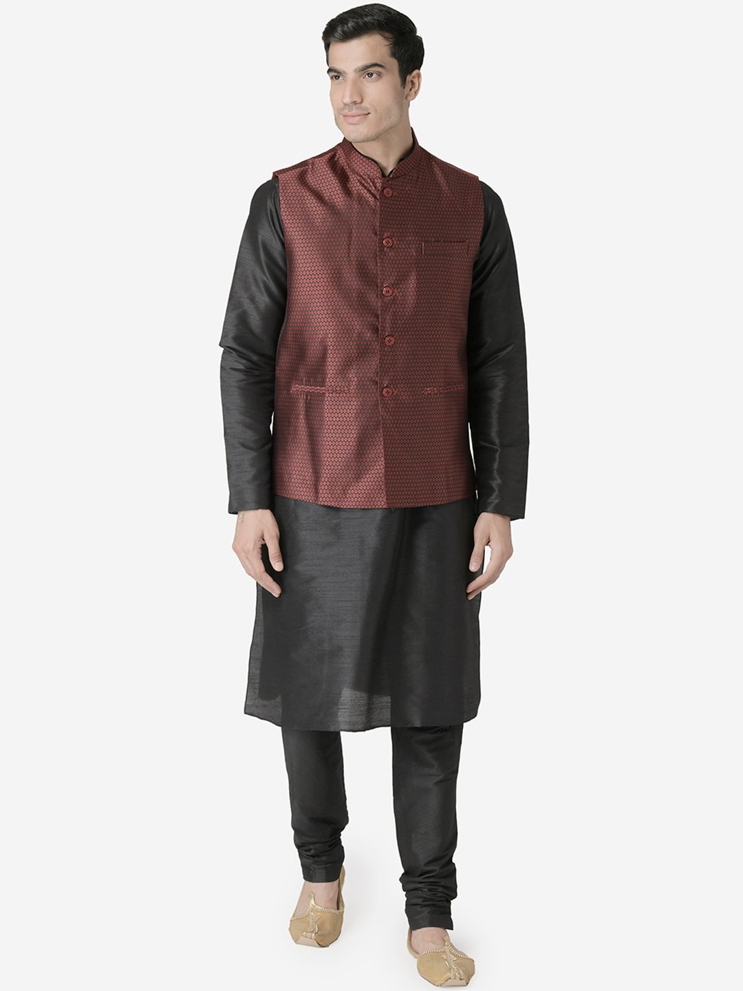 

TABARD Men Black Dupion Silk Kurta with Churidar & Nehru Jacket