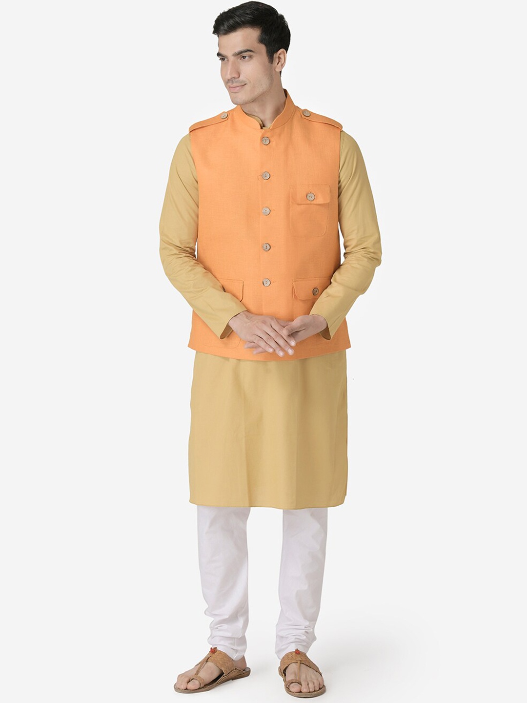 

TABARD Men Beige Pure Cotton Kurta with Churidar & Nehru Jacket