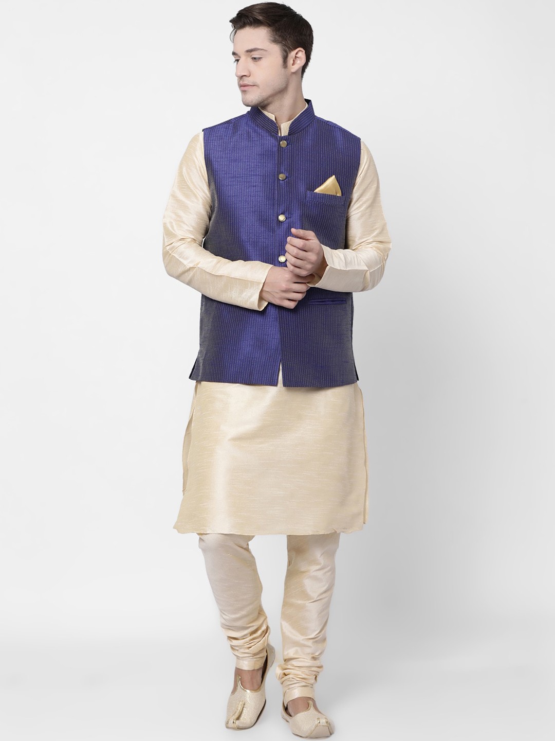

TABARD Men Beige Dupion Silk Kurta with Churidar With Nehru Jacket