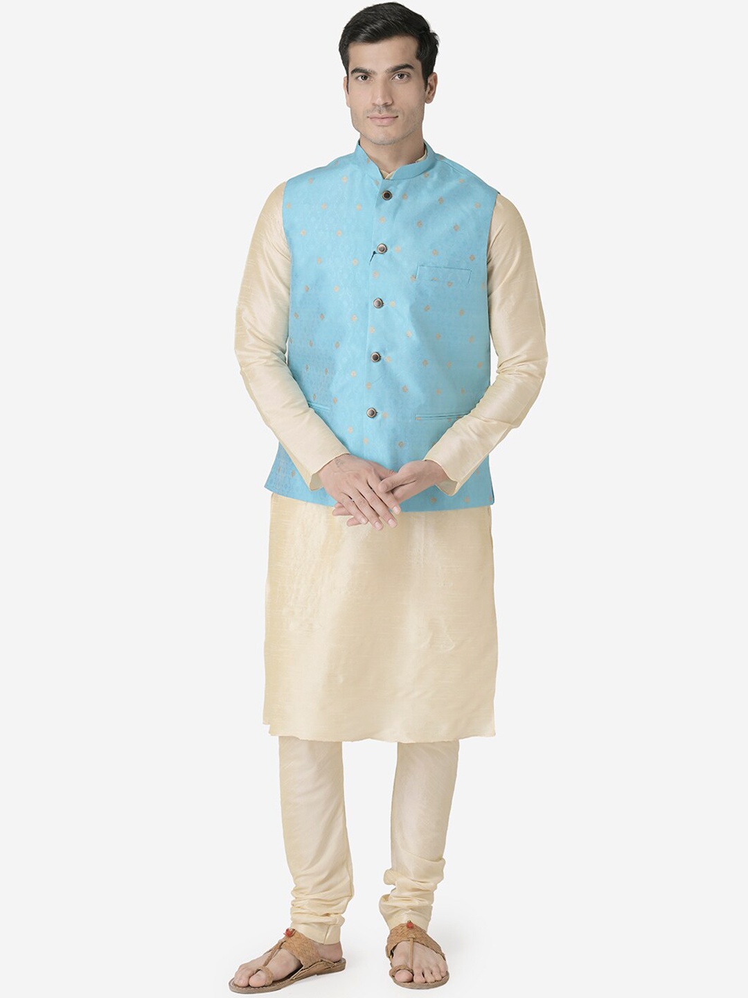 

TABARD Men Beige Ethnic Motifs Dupion Silk Kurta with Churidar & Nehru Jacket