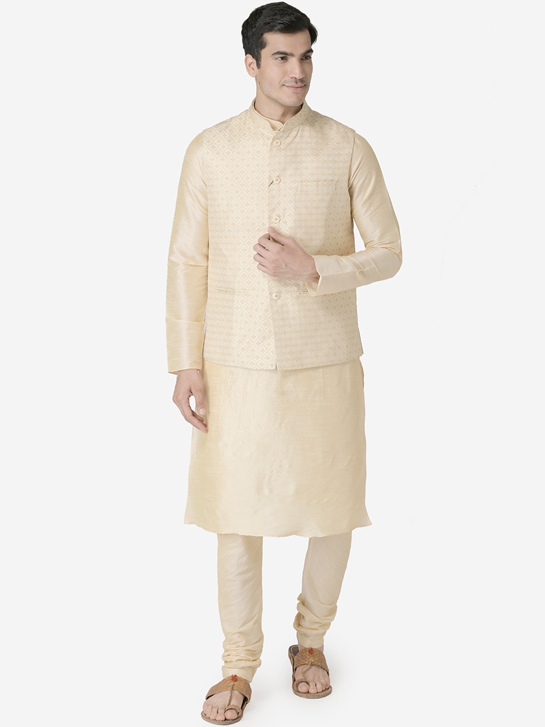 

TABARD Men Beige Dupion Silk Kurta with Churidar & Nehru Jacket