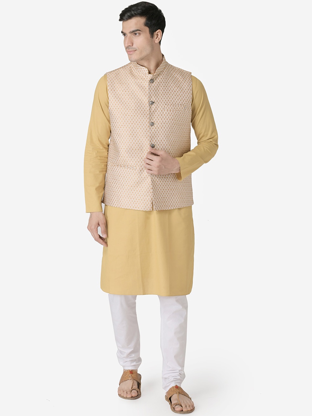 

TABARD Men Beige Pure Cotton Kurta with Churidar & with Nehru Jacket