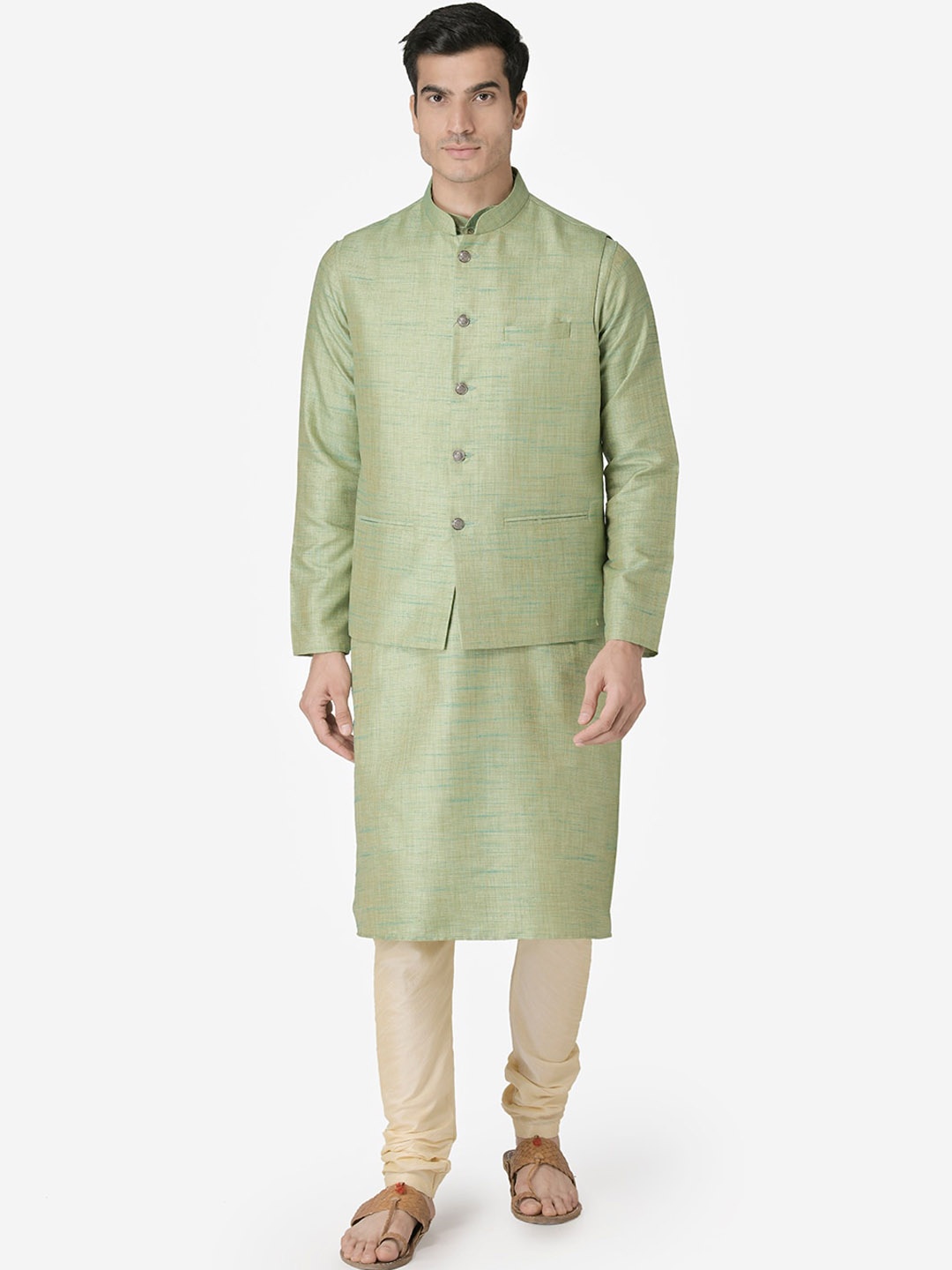 

TABARD Men Green Self Design Kurta & Churidar With Nehru Jacket