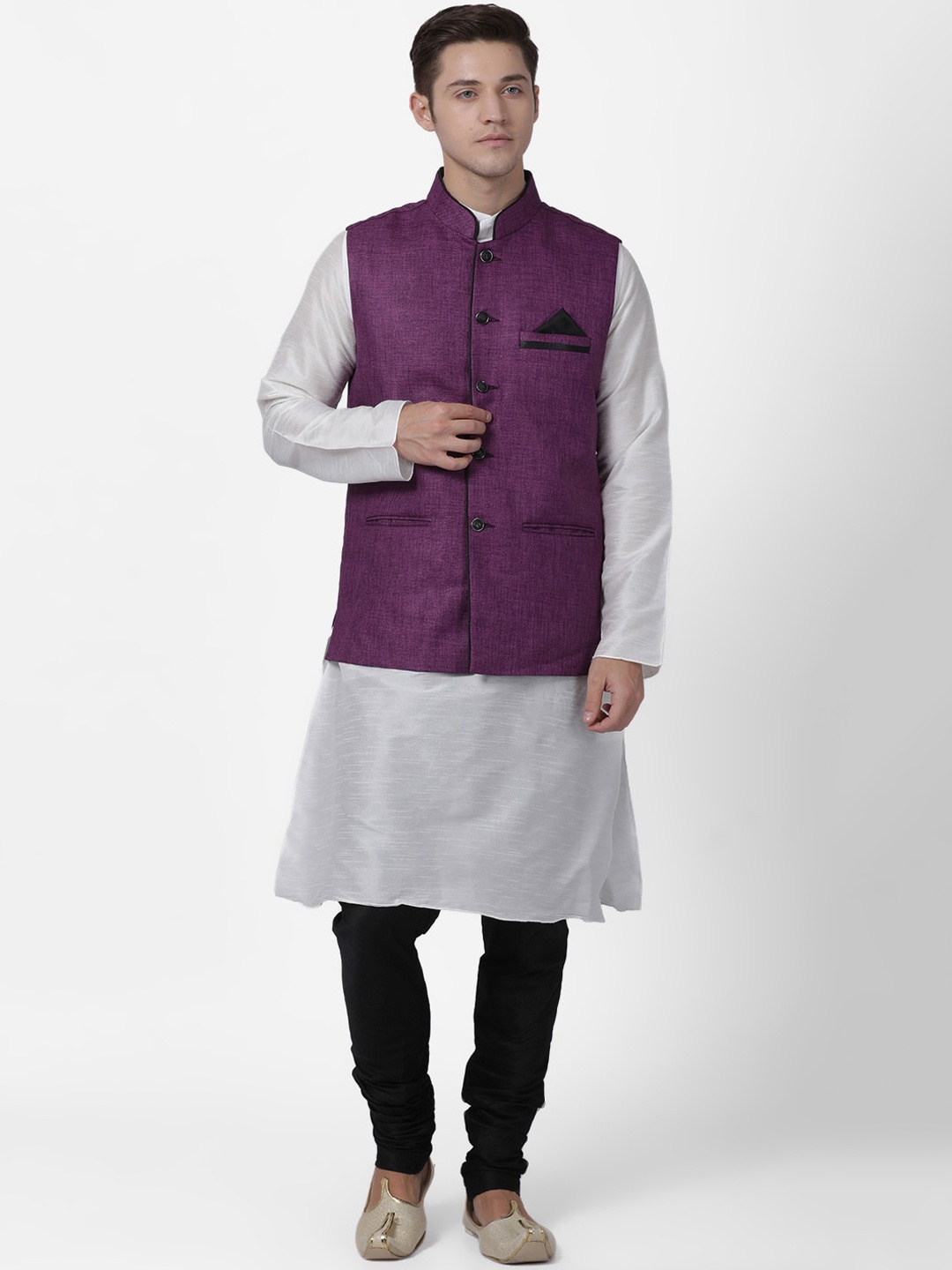

TABARD Men White Dupion Silk Kurta with Churidar & Nehru Jacket