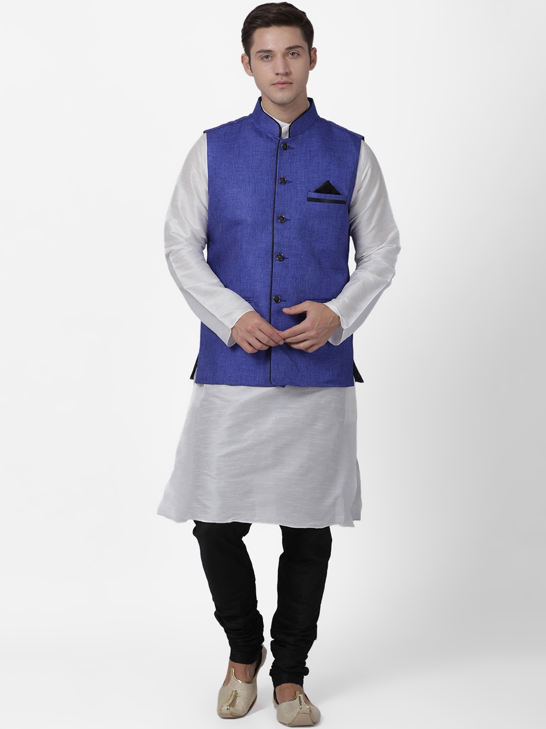 

TABARD Men White & Blue Kurta & Churidar With Nehru Jacket