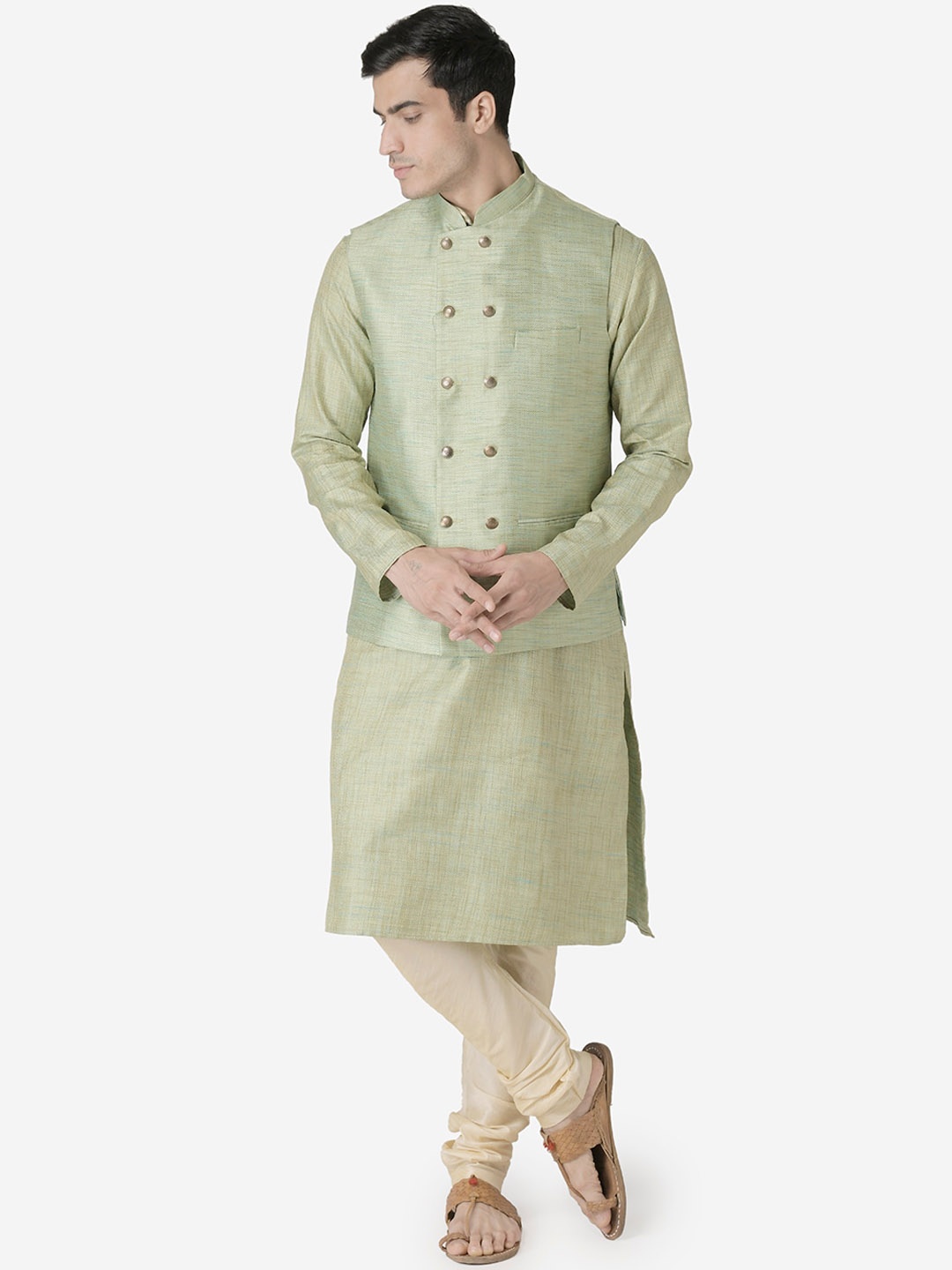 

TABARD Men Green Dupion Silk Kurta with Churidar & Nehru Jacket