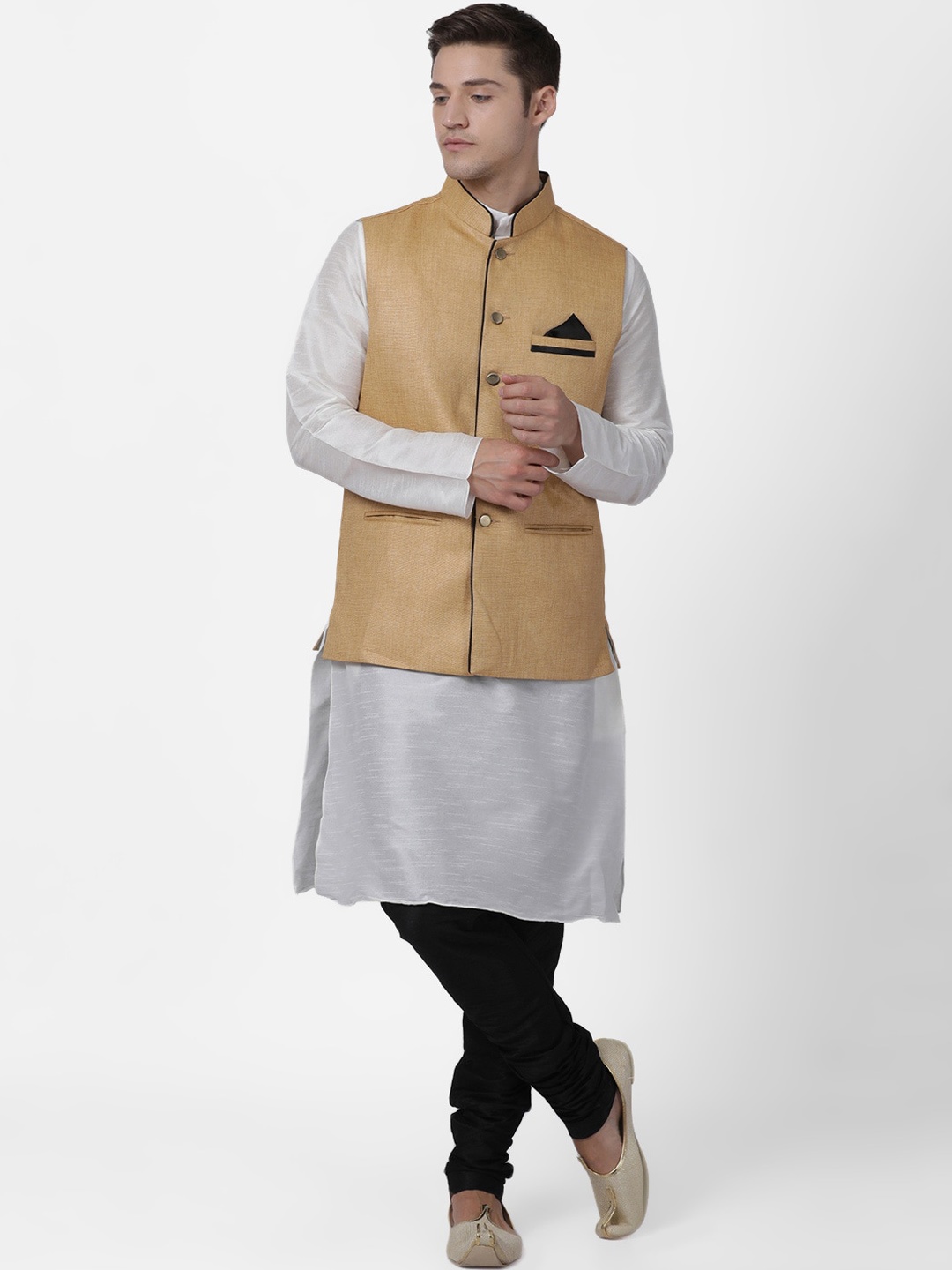 

TABARD Men White Layered Dupion Silk Kurta with Churidar With Nehru Jacket