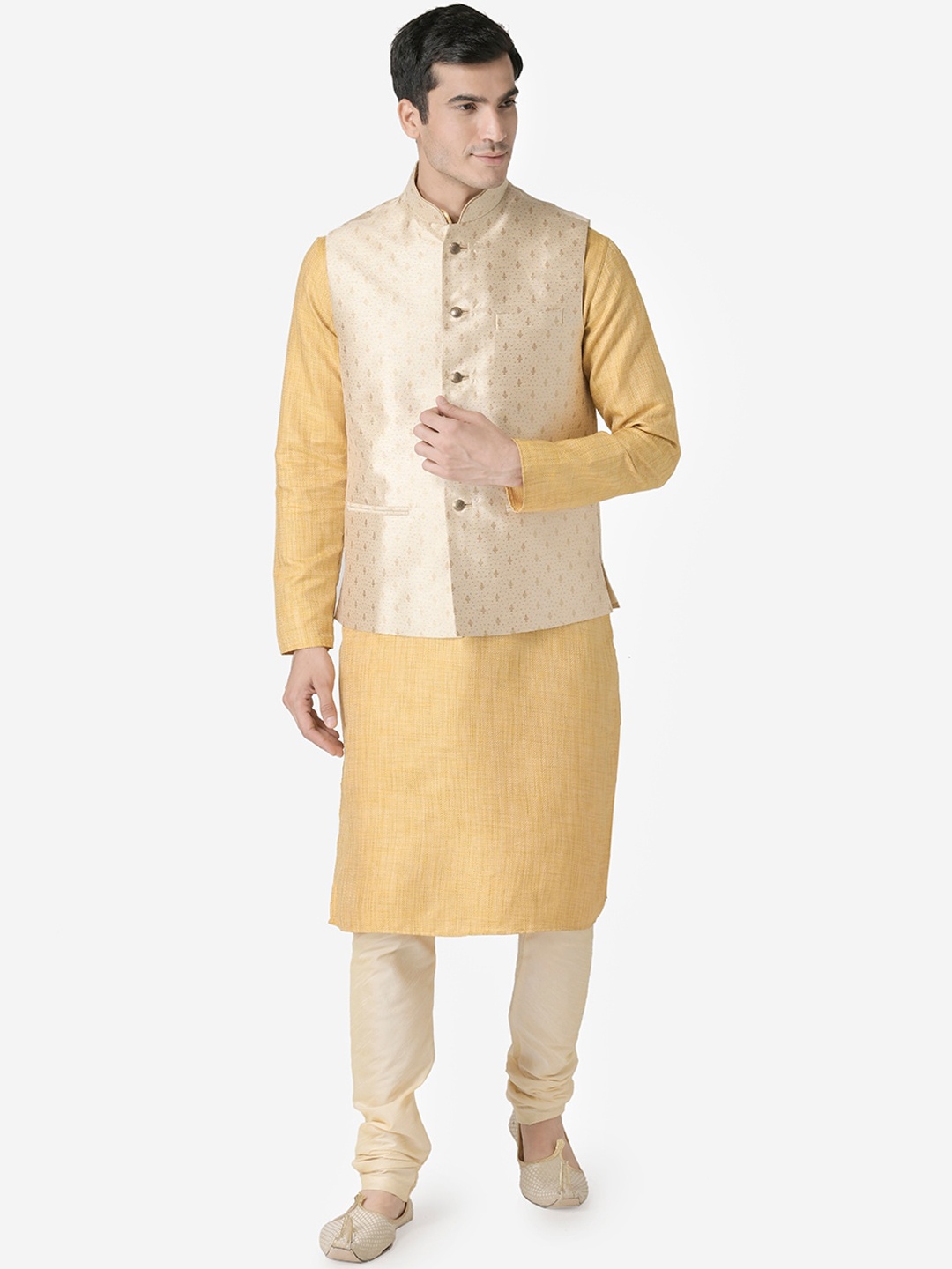 

TABARD Men Yellow & Cream-Coloured Layered Dupion Silk Kurta with Pyjamas & Nehru Jacket