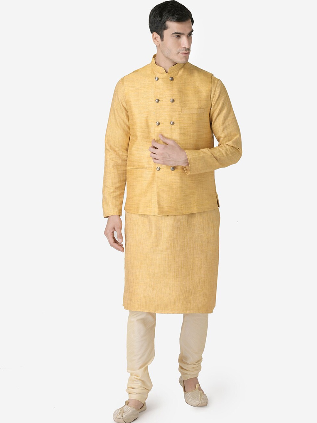 

TABARD Men Yellow Dupion Silk Kurta with Churidar & Nehru Jacket