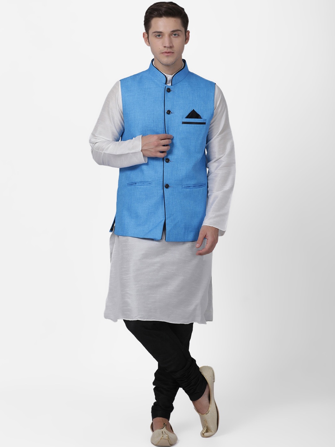 

TABARD Men White Dupion Silk Kurta with Churidar With Nehru Jacket