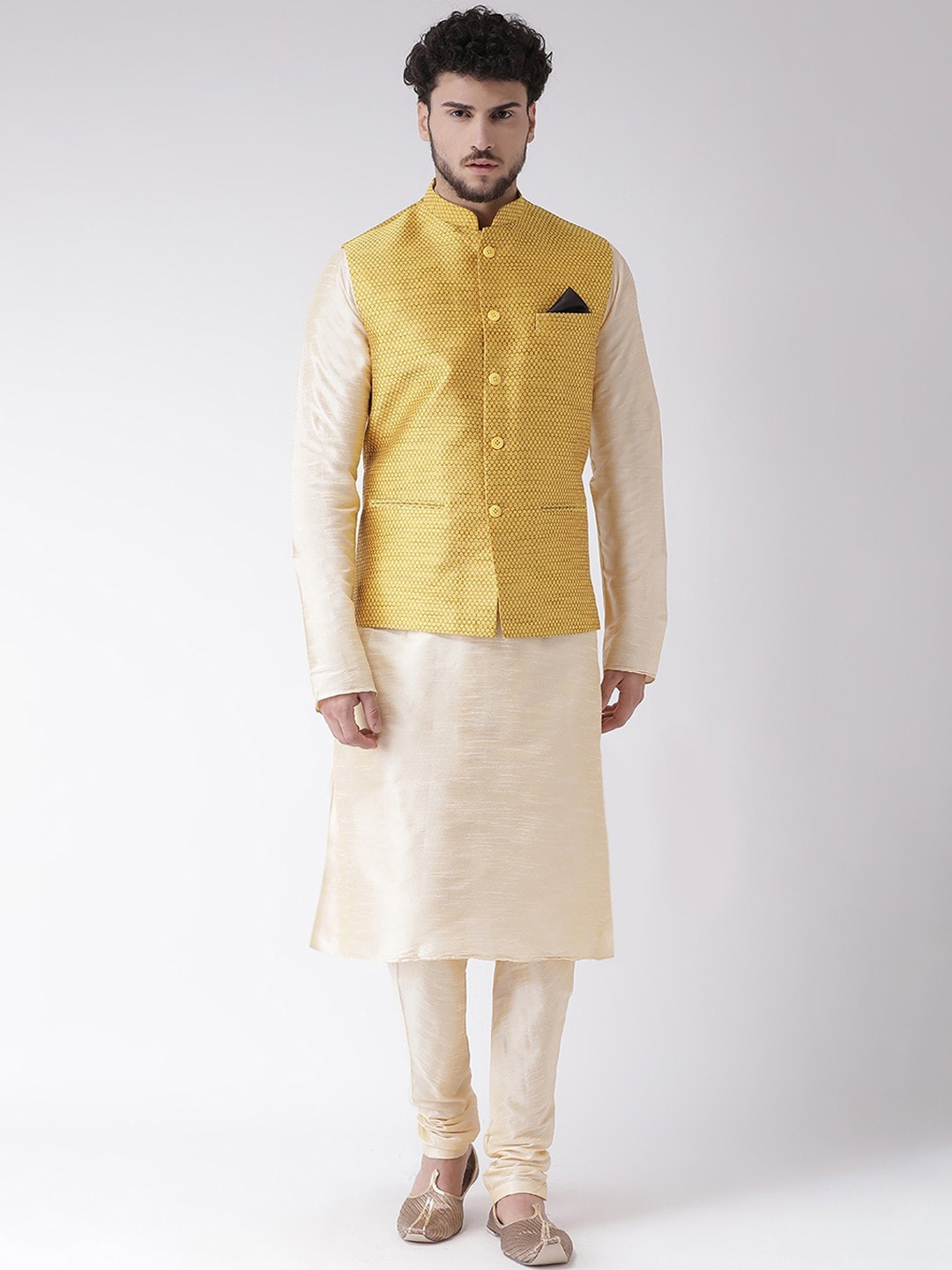 

TABARD Men Beige Dupion Silk Kurta with Churidar & Nehru Jacket