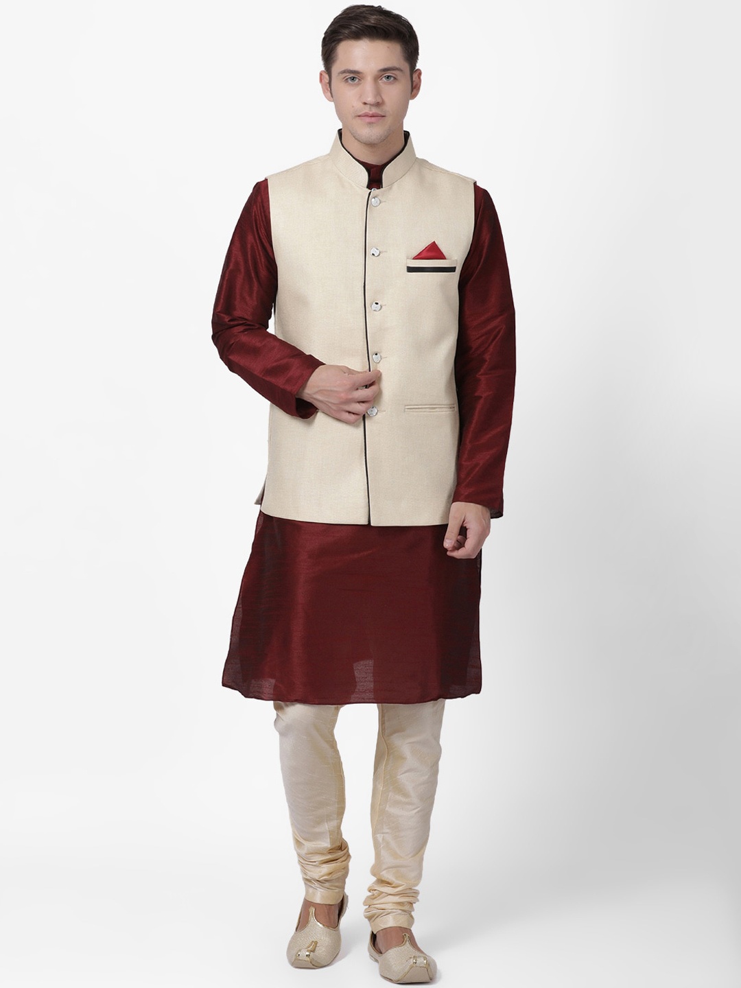 

TABARD Men Maroon & Beige Layered Dupion Silk Kurta with Pyjamas & Nehru Jacket