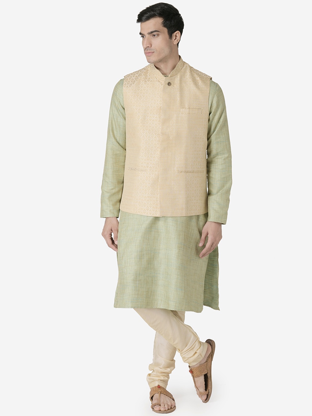 

TABARD Men Green Dupion Silk Kurta with Churidar & Nehru Jacket